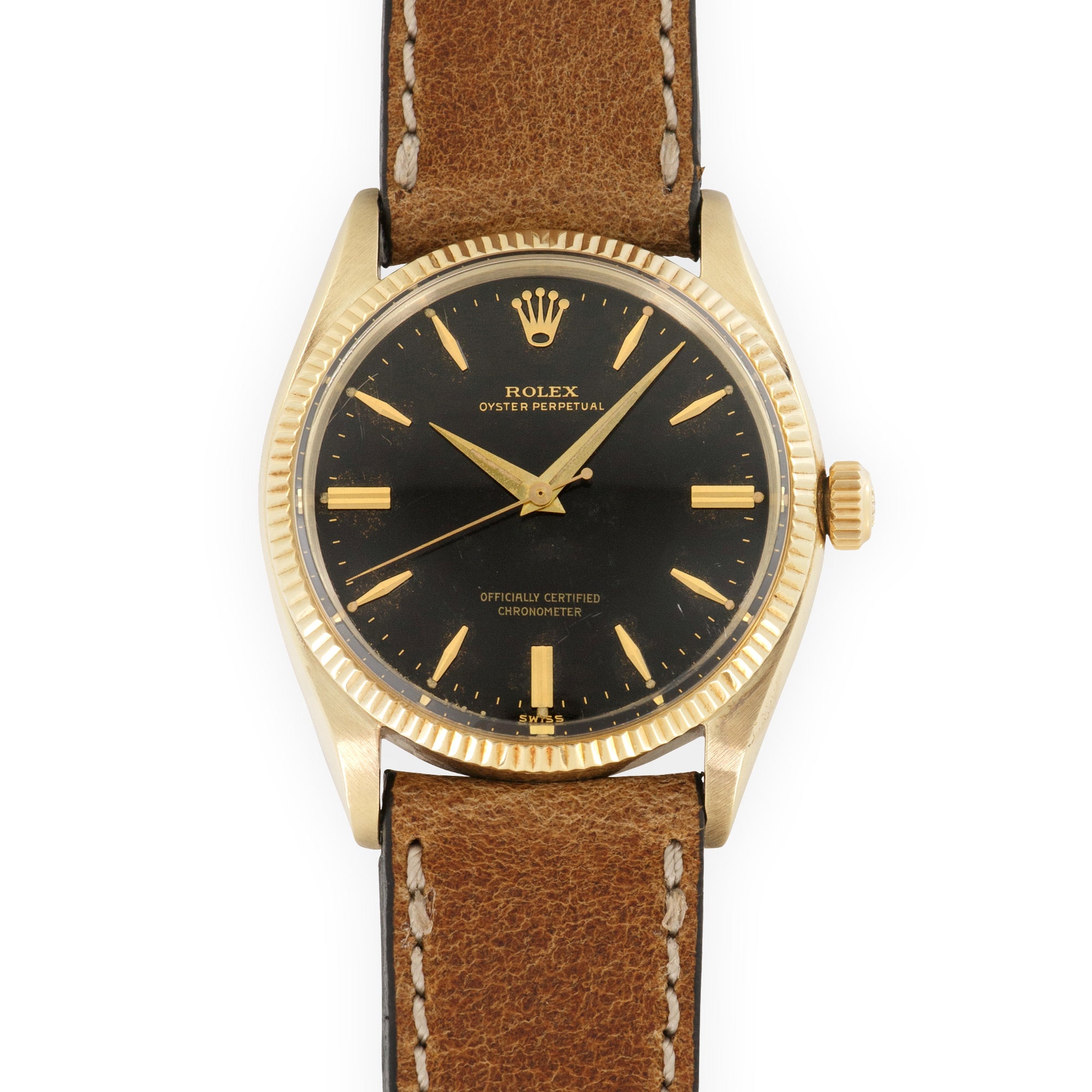 Rolex - Rolex Yellow Gold Oyster Perpetual Black Gilt Dial Watch Ref. 6567 - The Keystone Watches