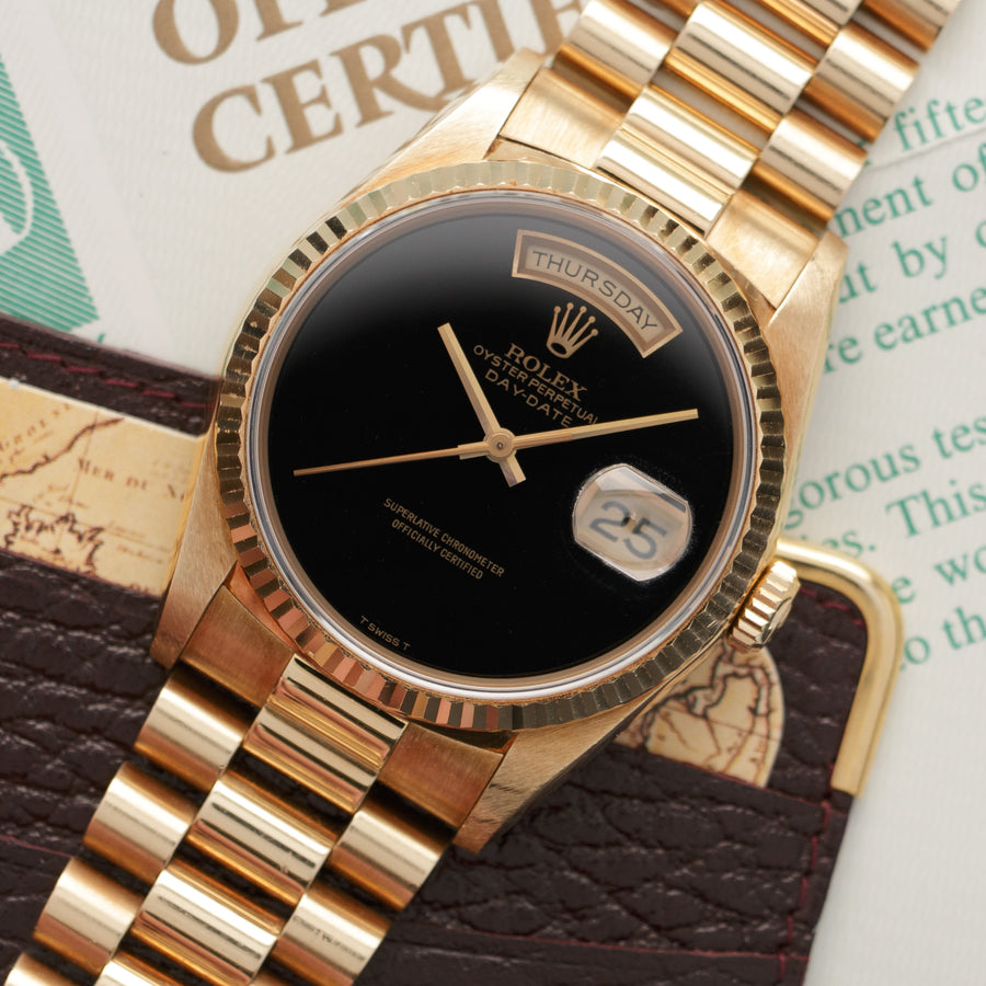 Rolex Yellow Gold Day-Date Onyx Dial Watch, with Original Box and Papers