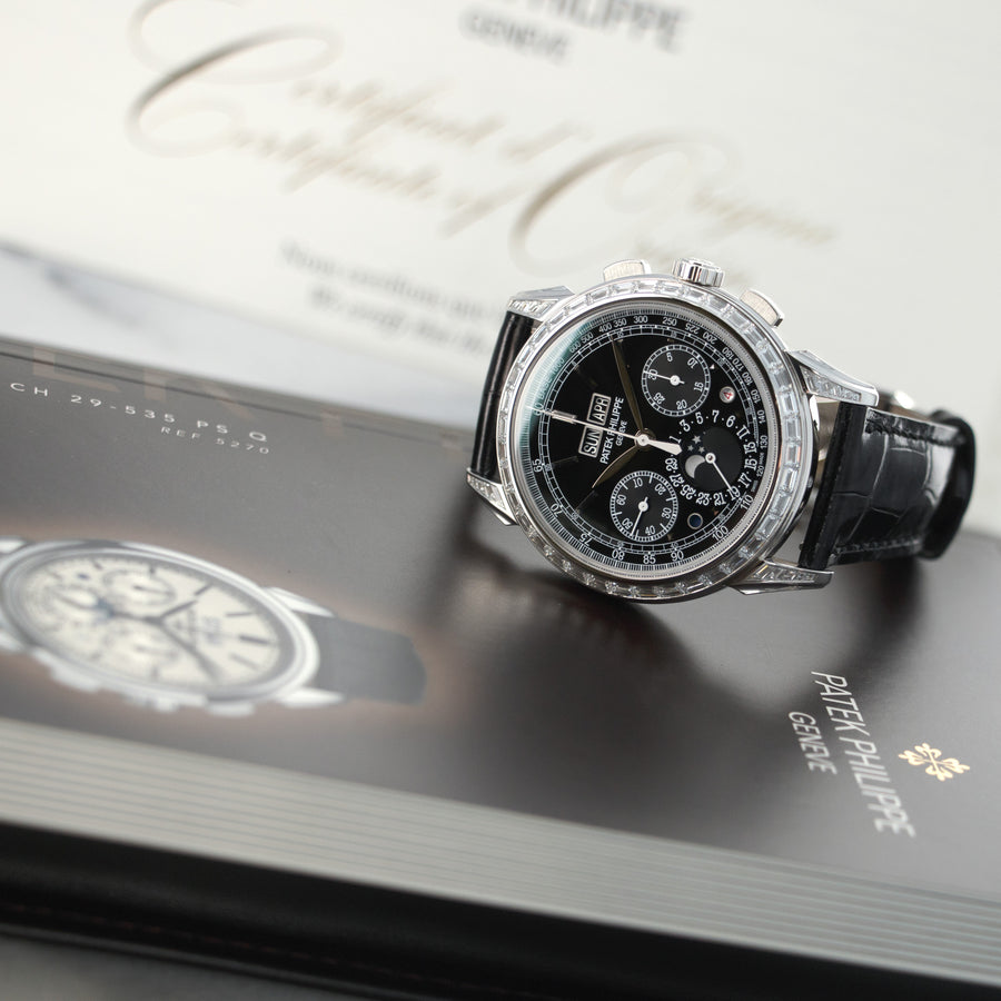 Patek Philippe Platinum Perpetual Calendar Chrono Baguette Diamond Watch Ref. 5271