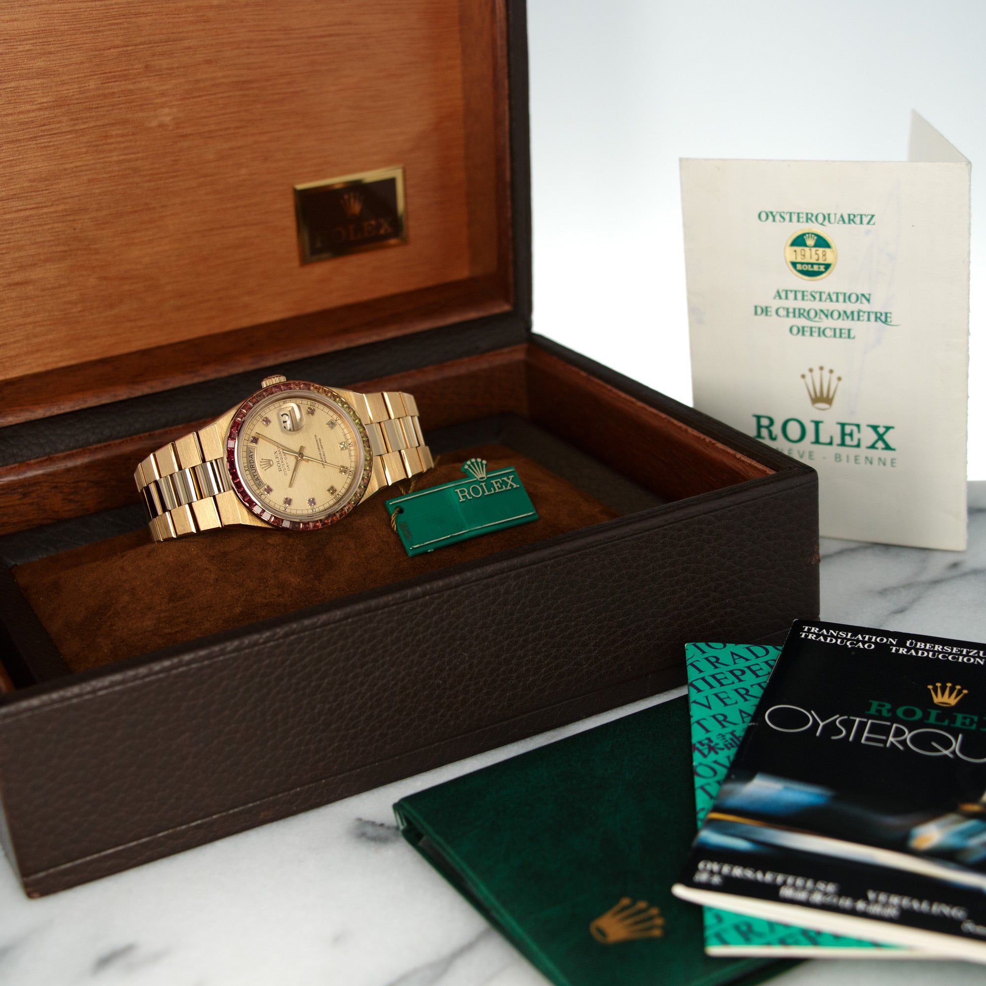 Rolex - Rolex Yellow Gold Oysterquartz Rainbow Watch Ref. 19158 with Original Box and Papers - The Keystone Watches