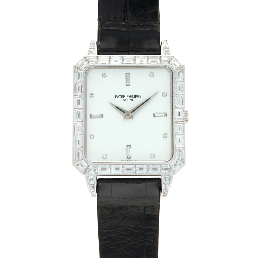 Patek Philippe Rectangular Platinum & Baguette Diamond Watch Ref. 5007