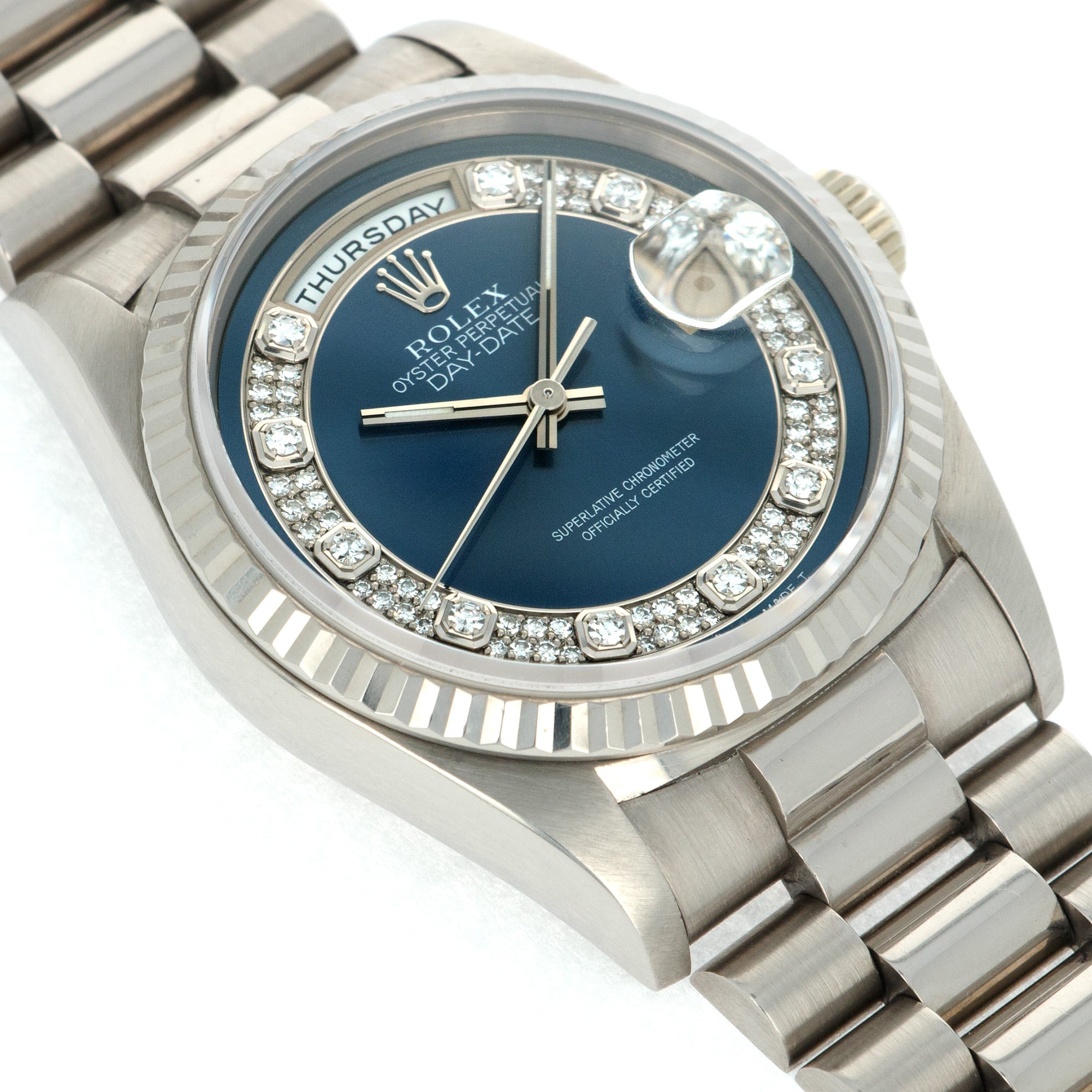 Rolex - Rolex Day-Date White Gold Ref. 18239 with Blue Diamond Dial and Original Papers - The Keystone Watches
