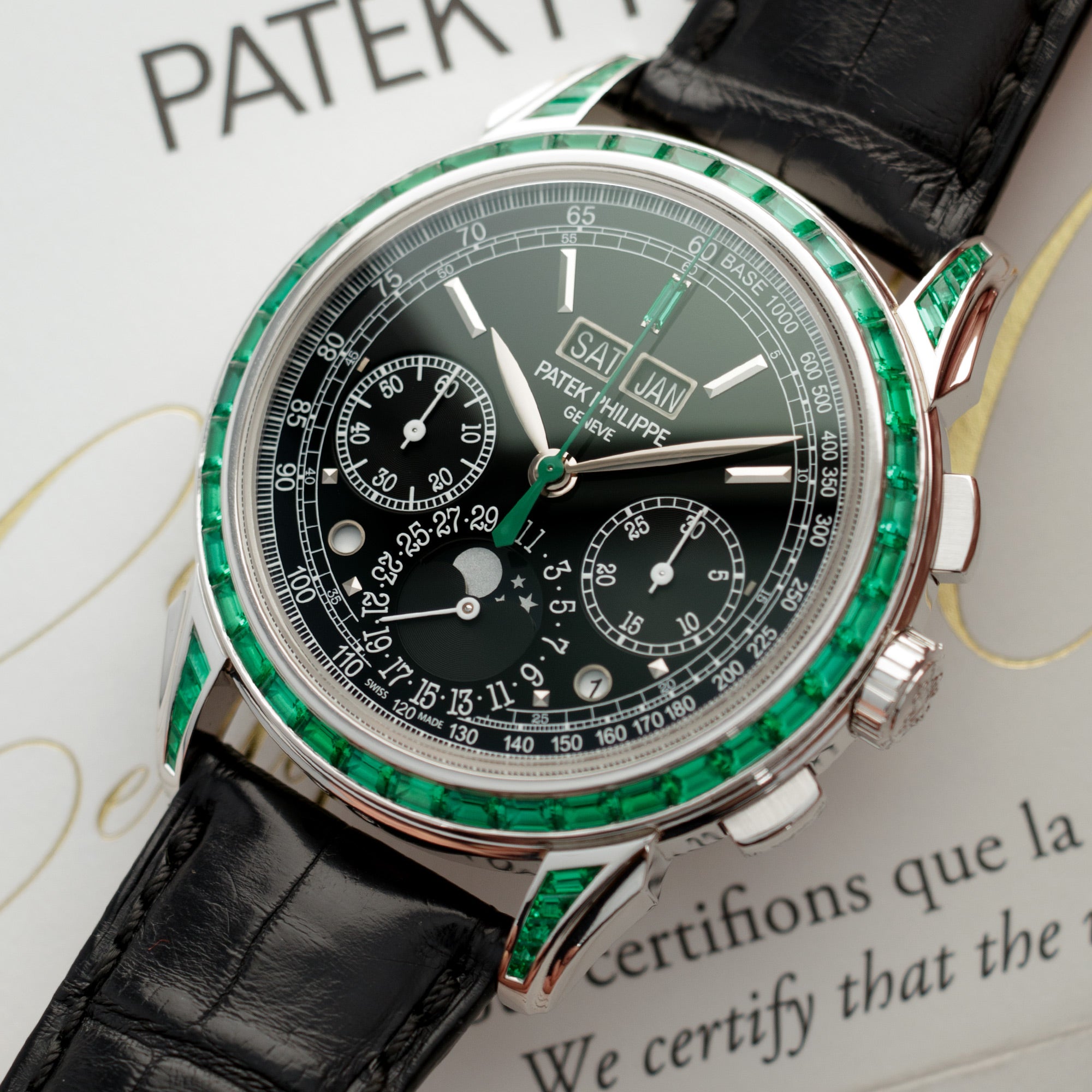 Patek Philippe - Patek Philippe Platinum and Emerald Perpetual Calendar Chronograph Watch Ref. 5271 - The Keystone Watches