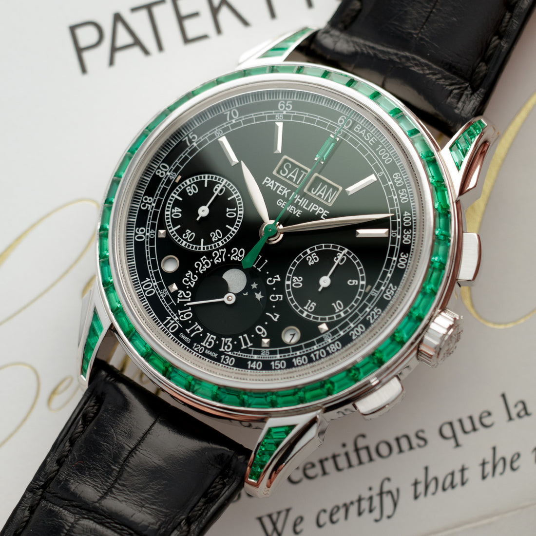 Patek Philippe Platinum and Emerald Perpetual Calendar Chronograph Watch Ref. 5271