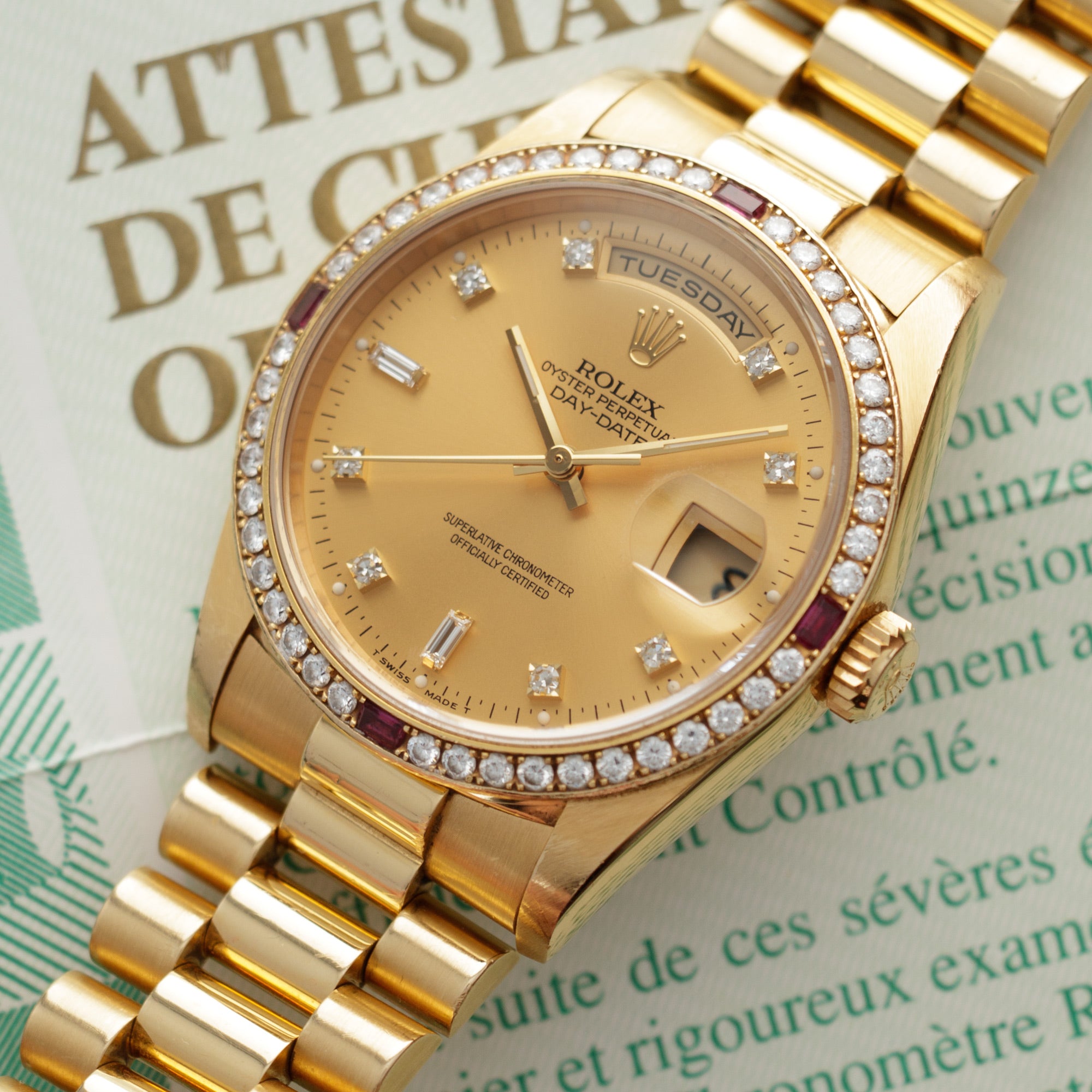 Rolex - Rolex Yellow Gold Day-Date Ref. 18378 with Factory Ruby and Diamond Bezel - The Keystone Watches