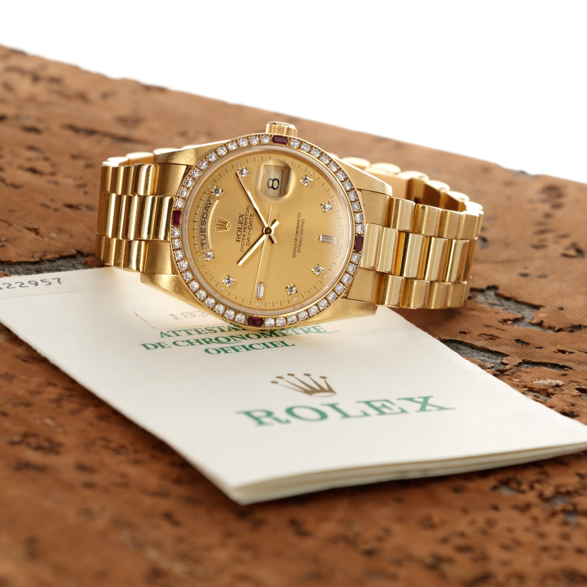 Rolex - Rolex Yellow Gold Day-Date Ref. 18378 with Factory Ruby and Diamond Bezel - The Keystone Watches