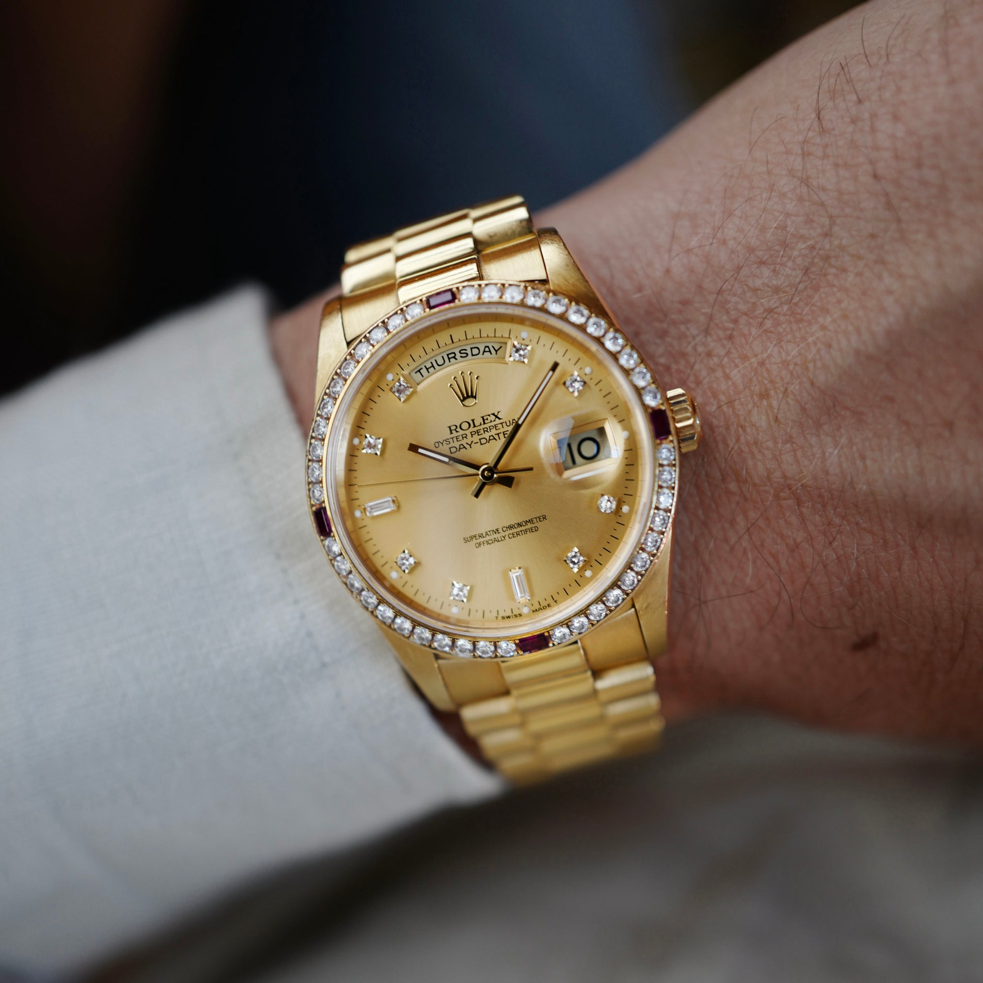 Rolex - Rolex Yellow Gold Day-Date Ref. 18378 with Factory Ruby and Diamond Bezel - The Keystone Watches