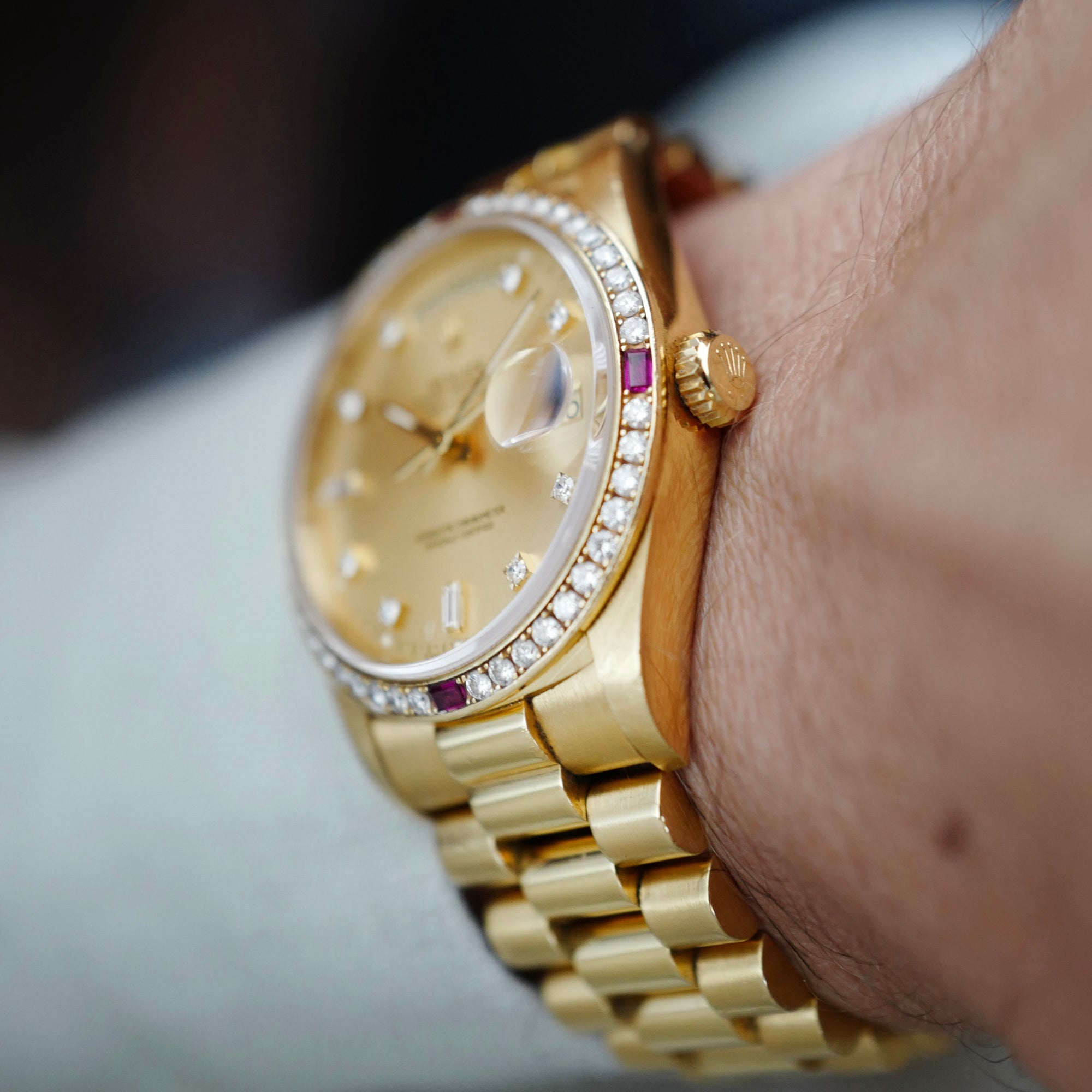 Rolex - Rolex Yellow Gold Day-Date Ref. 18378 with Factory Ruby and Diamond Bezel - The Keystone Watches