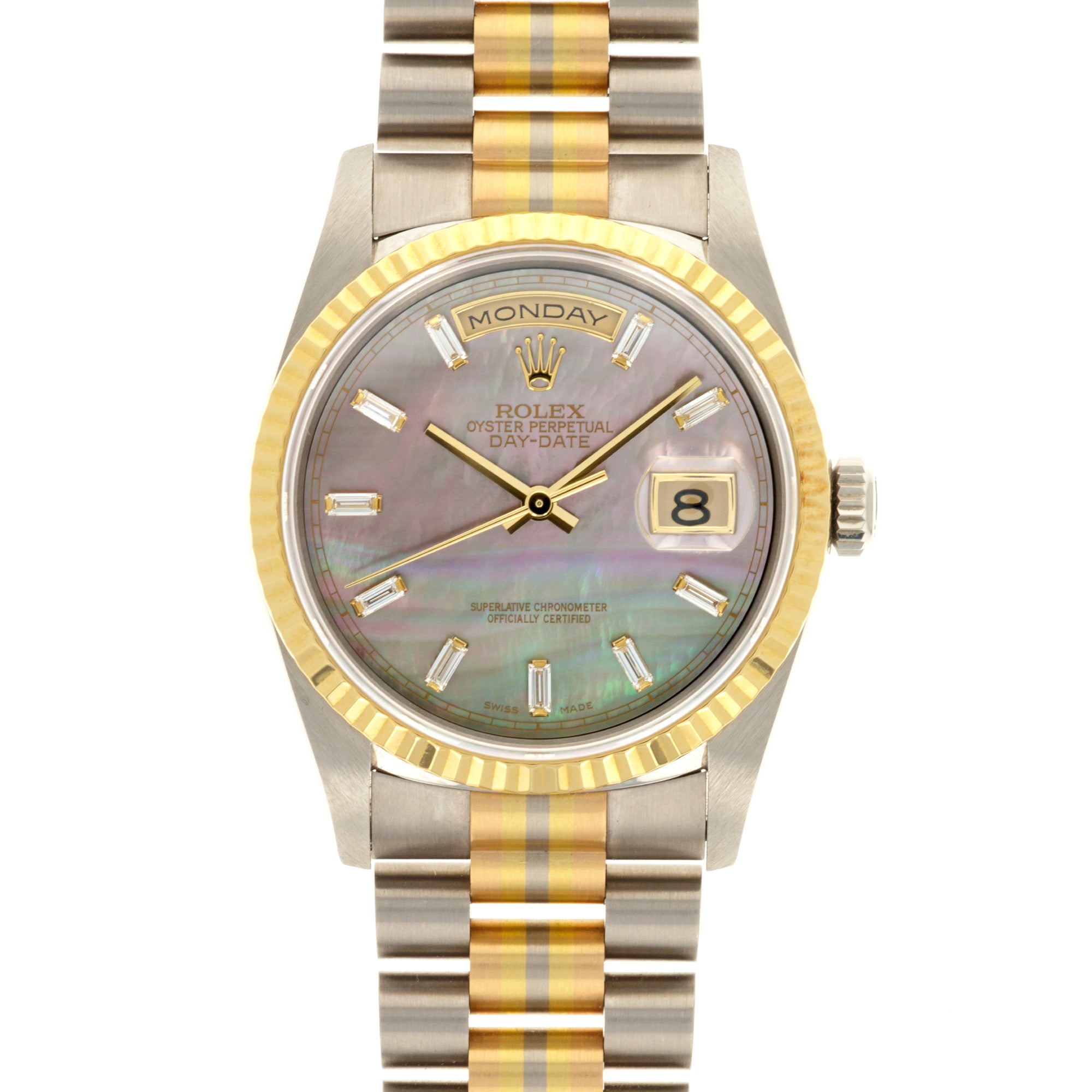 Rolex - Rolex Tridor Day-Date Ref. 18239 with Mother of Pearl and Baguette Diamond Dial - The Keystone Watches