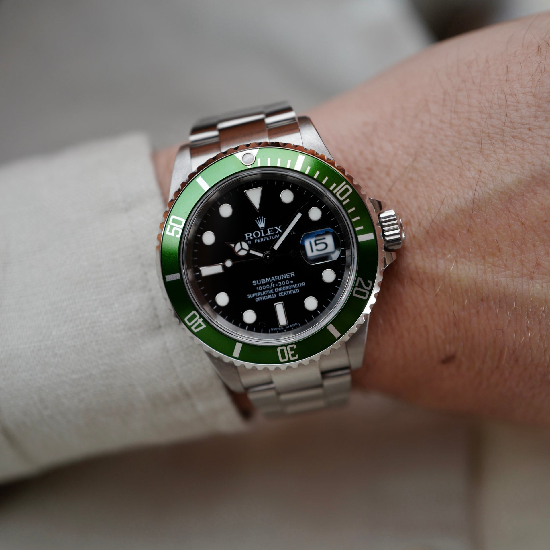 Rolex Submariner Anniversary Kermit Watch 16610 with Flat Four Bezel (NEW ARRIVAL)