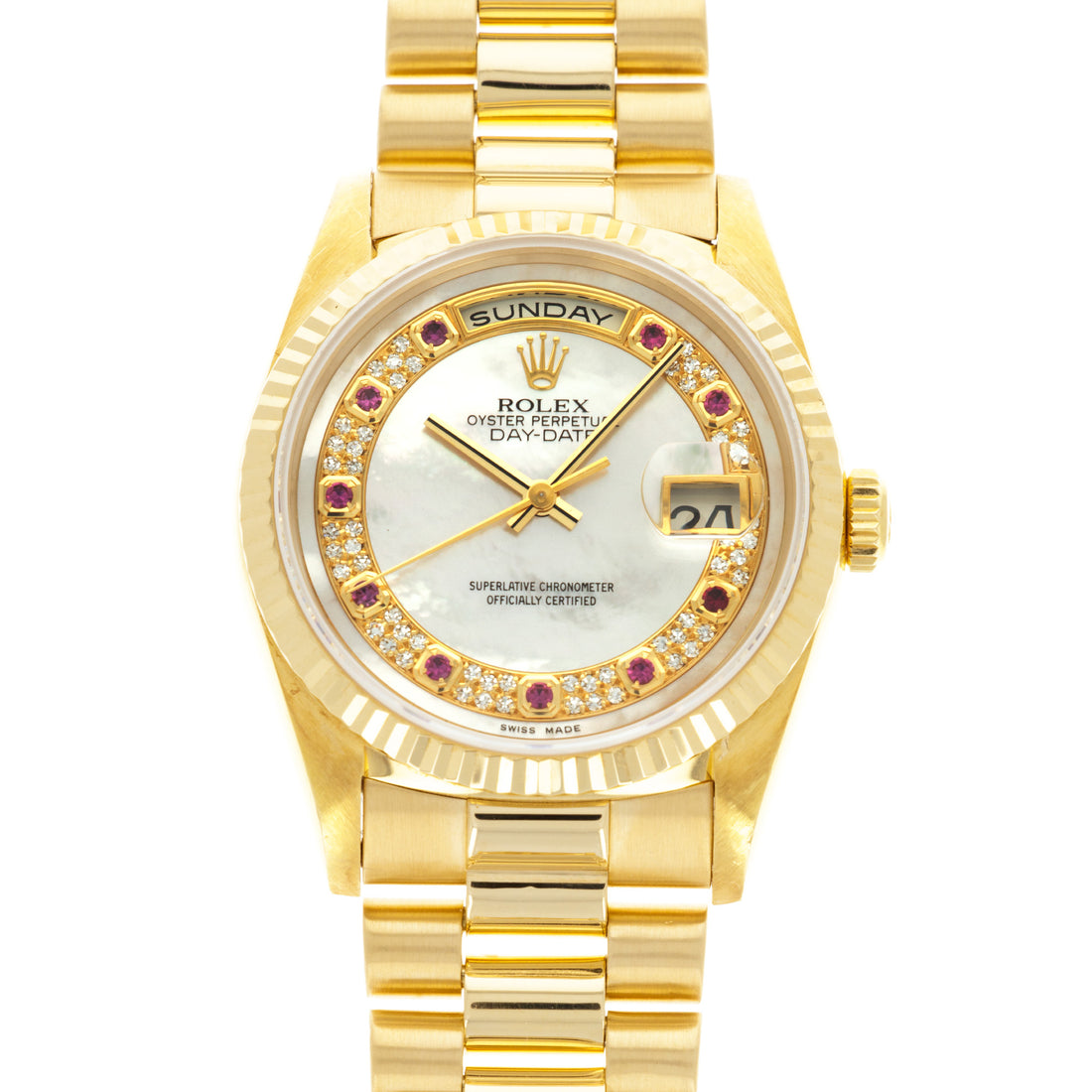 Rolex Yellow Gold Day-Date Watch Ref. 18238 with Mother of Pearl and Ruby Dial
