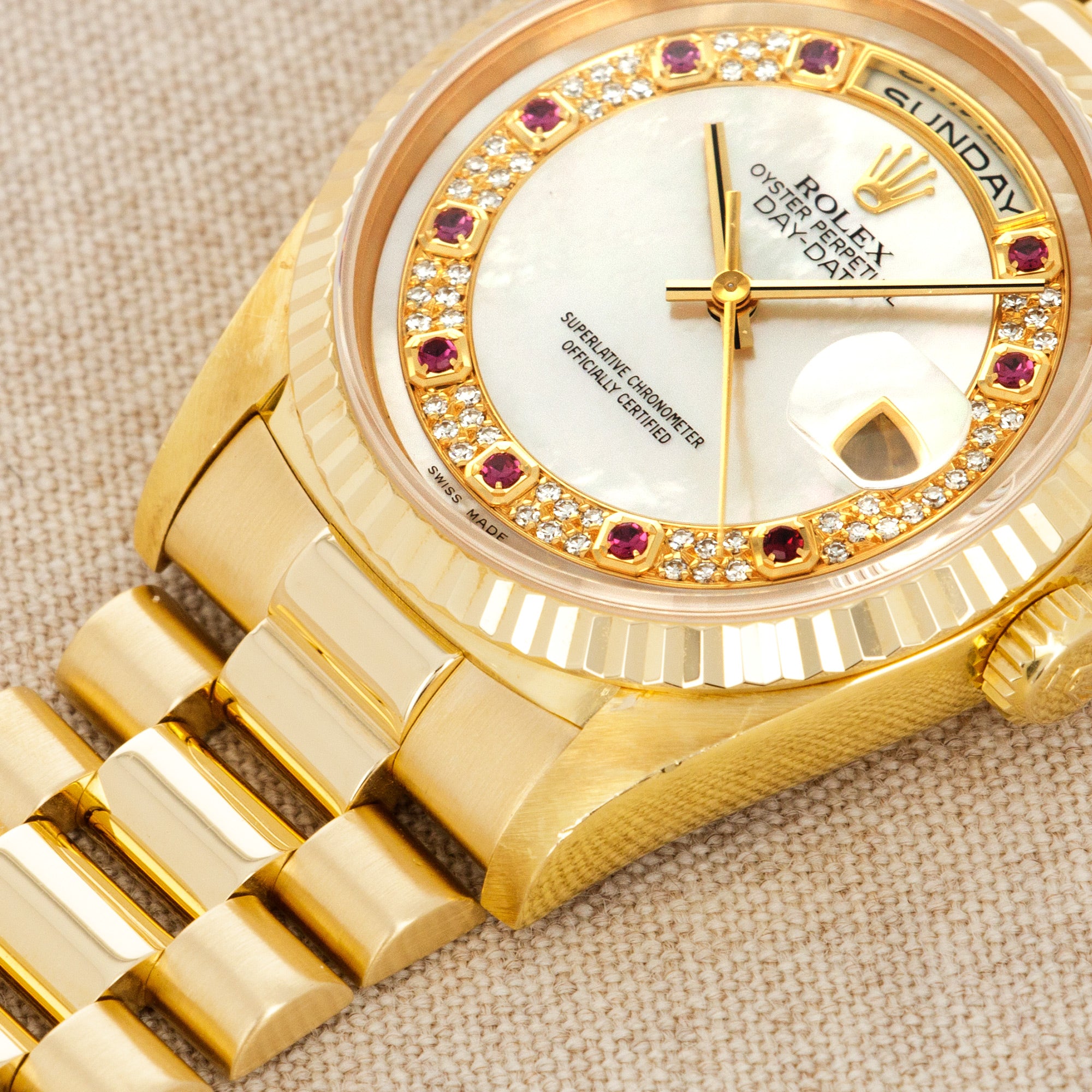 Rolex - Rolex Yellow Gold Day-Date Watch Ref. 18238 with Mother of Pearl and Ruby Dial - The Keystone Watches