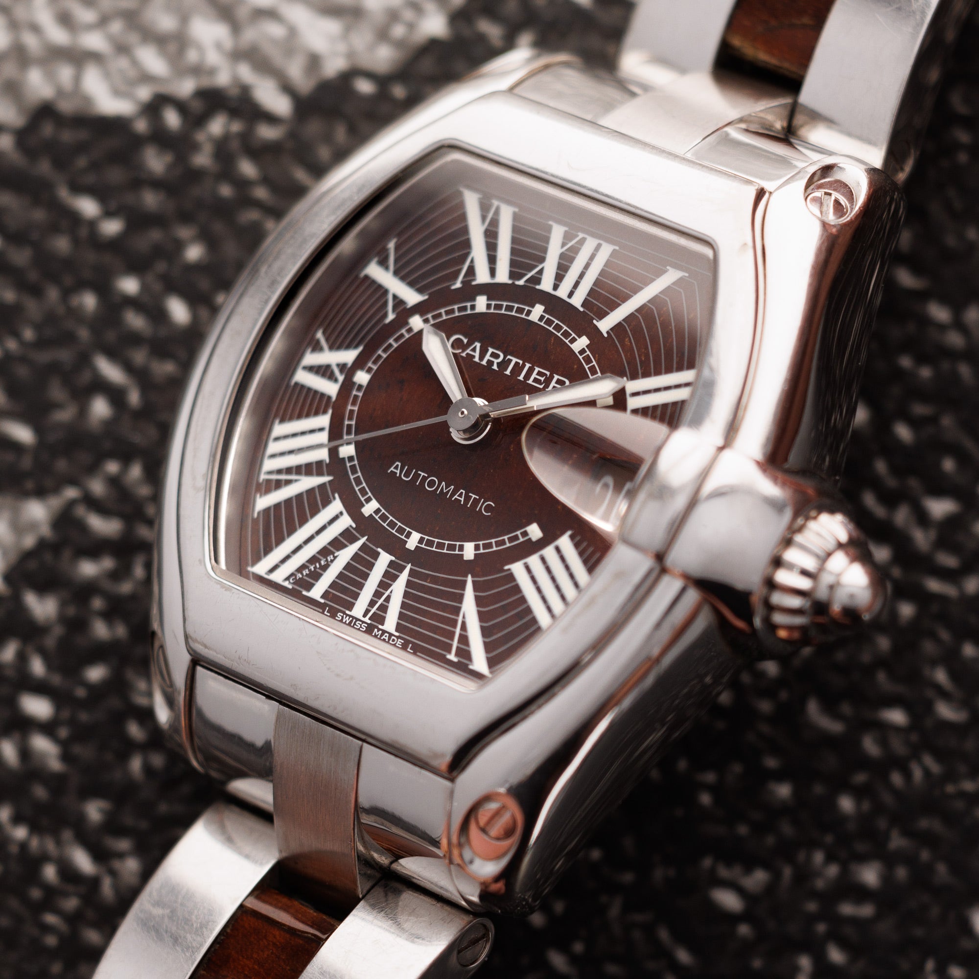 Cartier White Gold Roadster Watch Ref. 3102 with Walnut Wood Dial