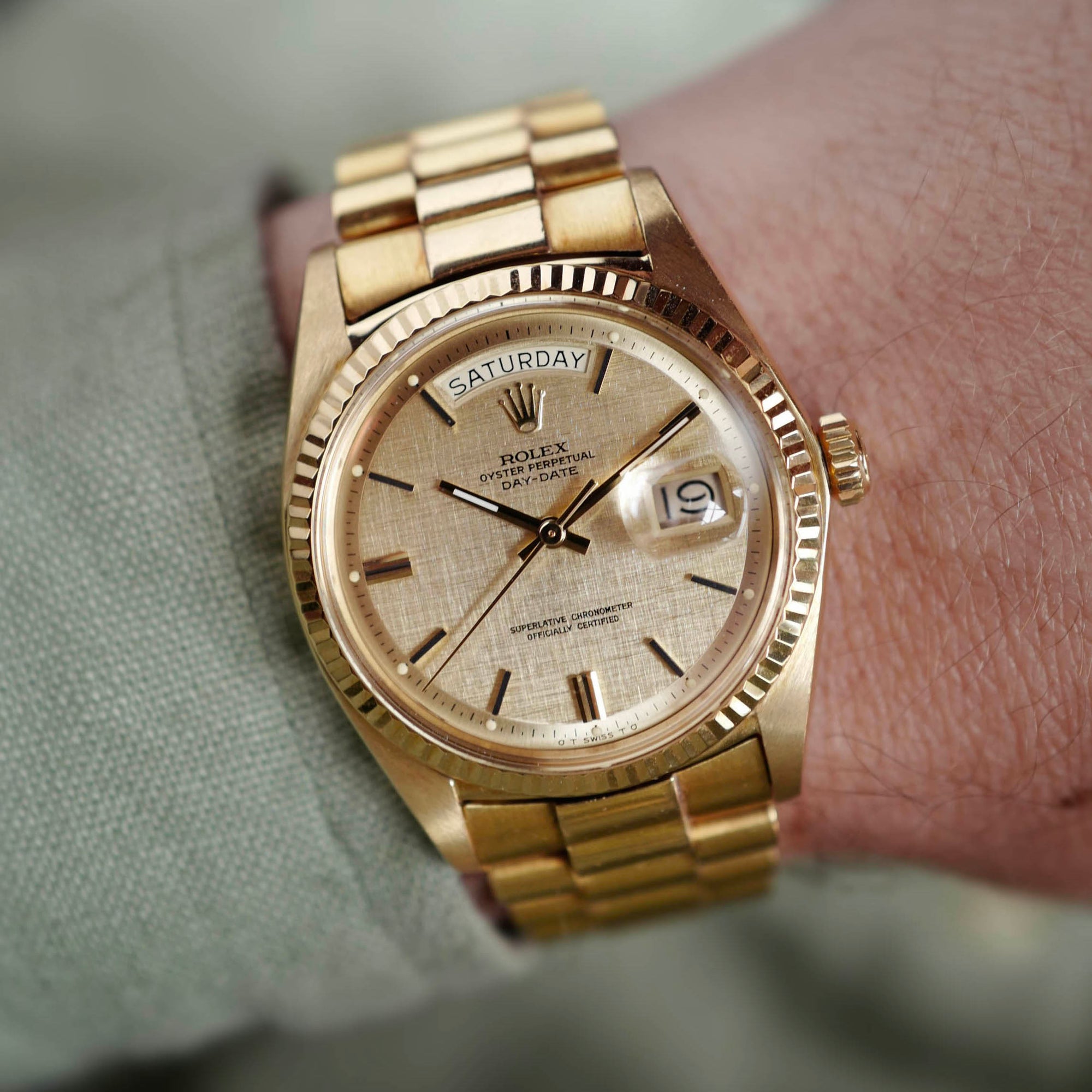 Rolex - Rolex Yellow Gold Day-Date Ref. 1803 with Linen Dial and Box & Papers (NEW ARRIVAL) - The Keystone Watches