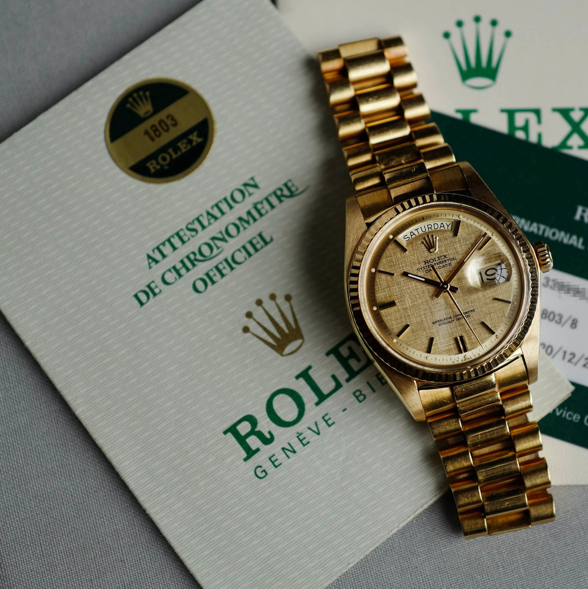 Rolex - Rolex Yellow Gold Day-Date Ref. 1803 with Linen Dial and Box & Papers (NEW ARRIVAL) - The Keystone Watches