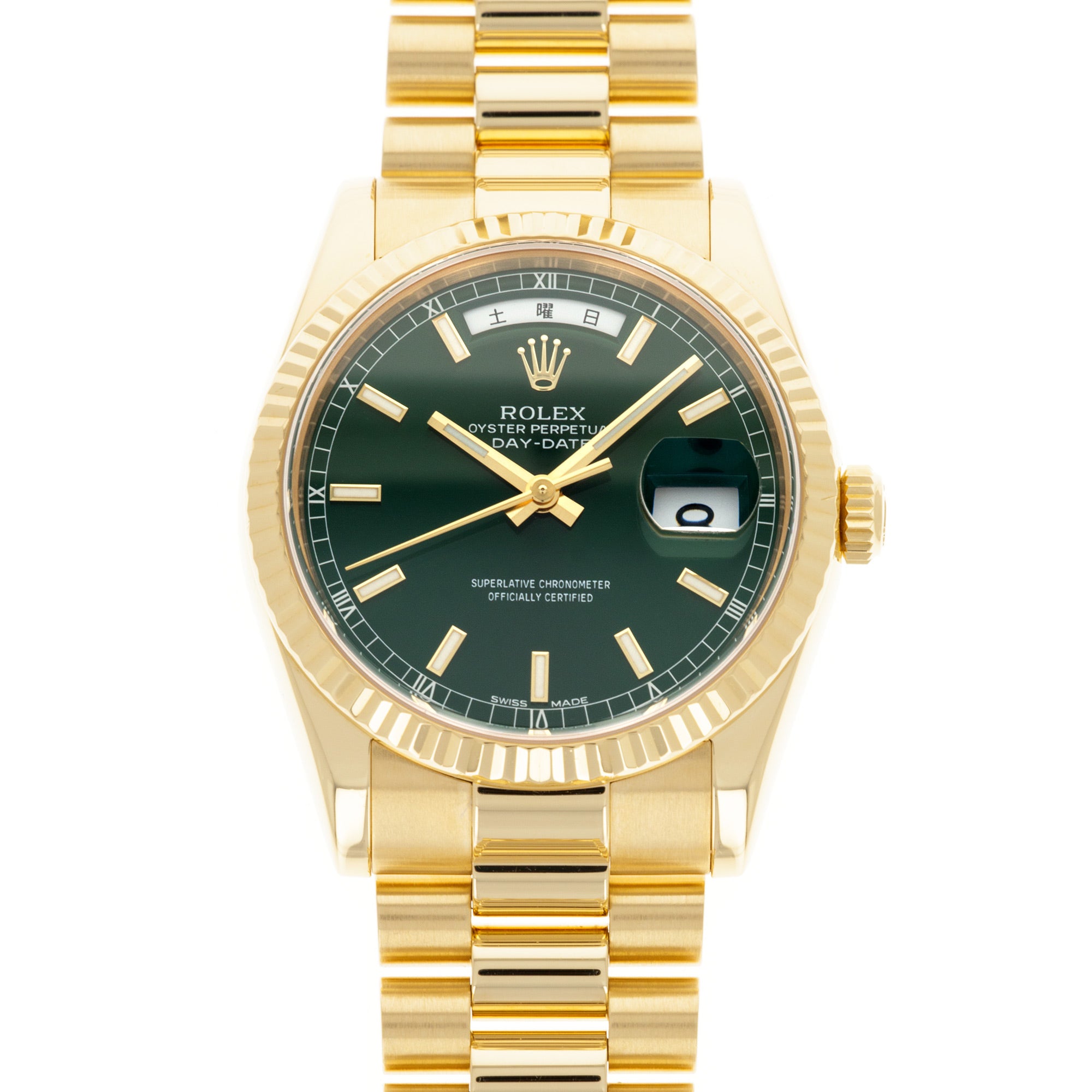 Rolex - Rolex Yellow Gold Day-Date Green Dial Watch Ref. 118238 with Kanji Date Wheel - The Keystone Watches