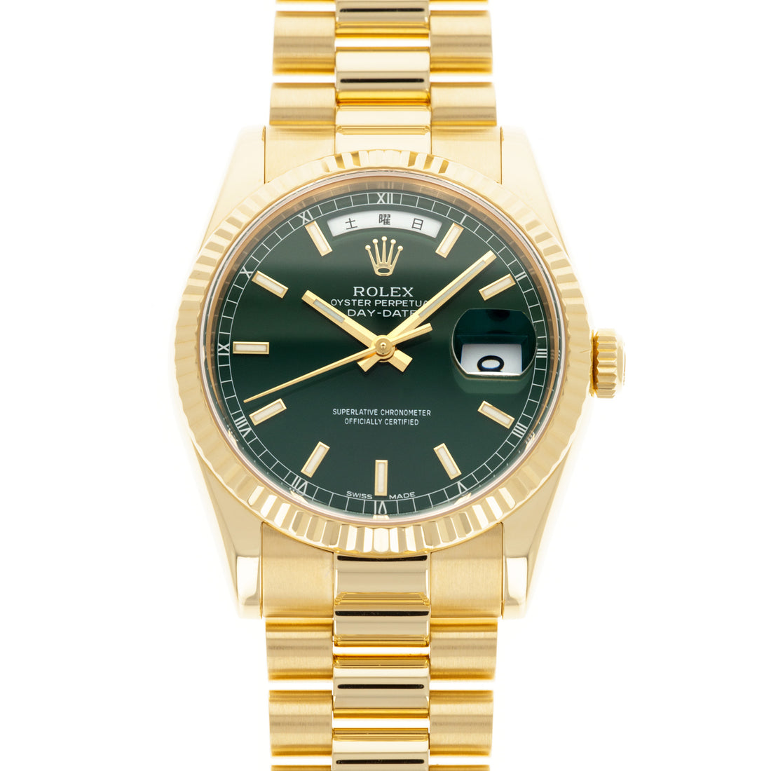 Rolex Yellow Gold Day-Date Green Dial Watch Ref. 118238 with Kanji Date Wheel
