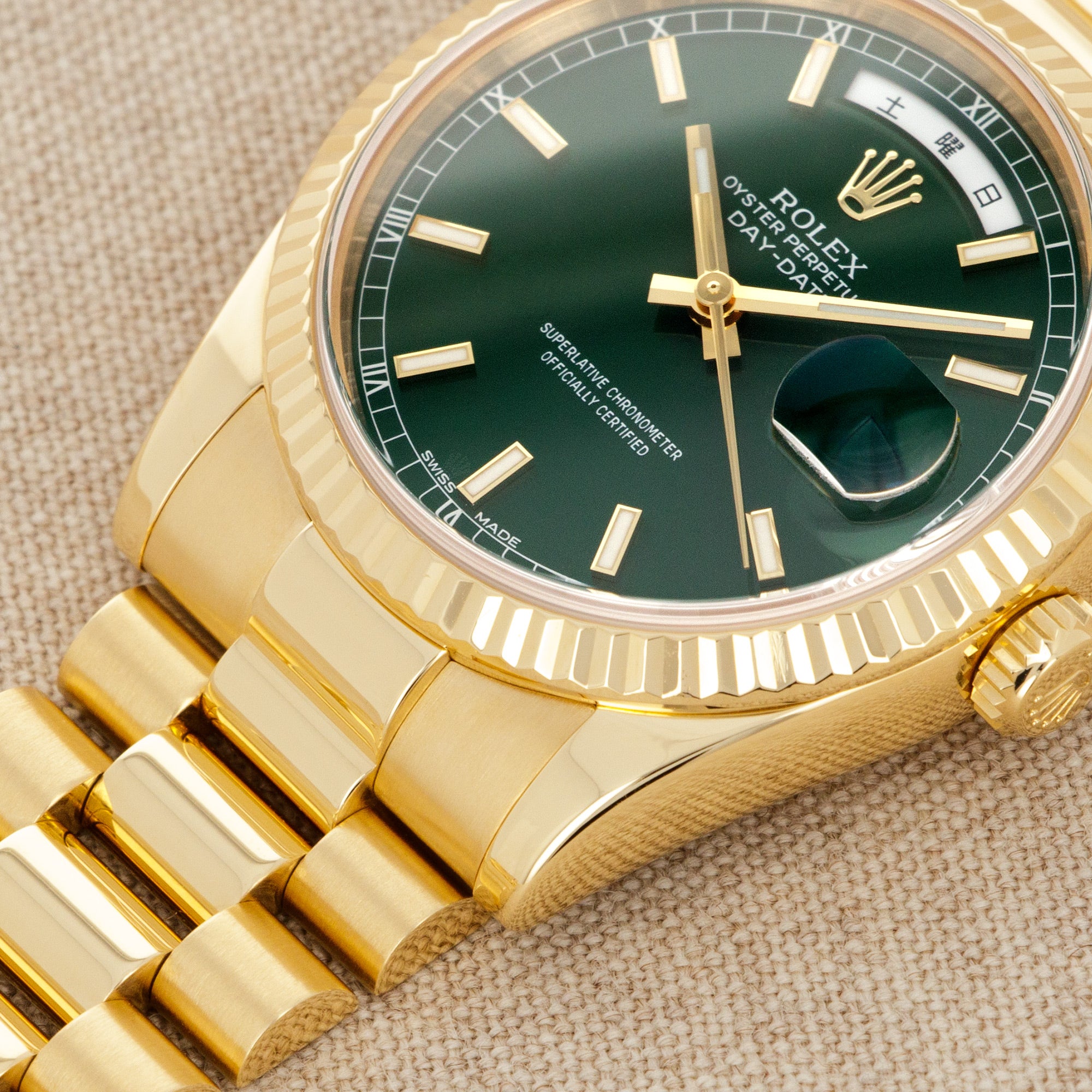 Rolex - Rolex Yellow Gold Day-Date Green Dial Watch Ref. 118238 with Kanji Date Wheel - The Keystone Watches