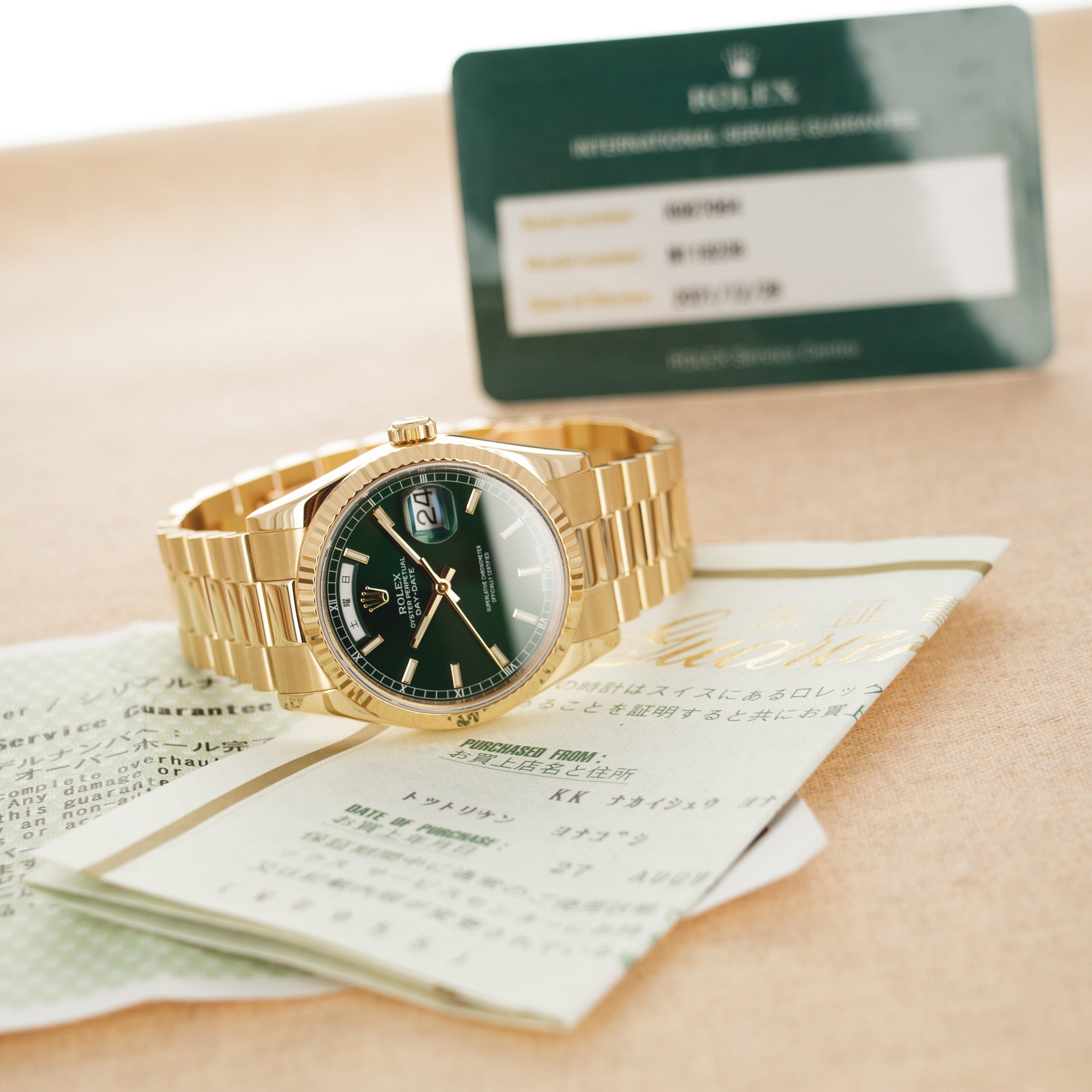 Rolex - Rolex Yellow Gold Day-Date Green Dial Watch Ref. 118238 with Kanji Date Wheel - The Keystone Watches