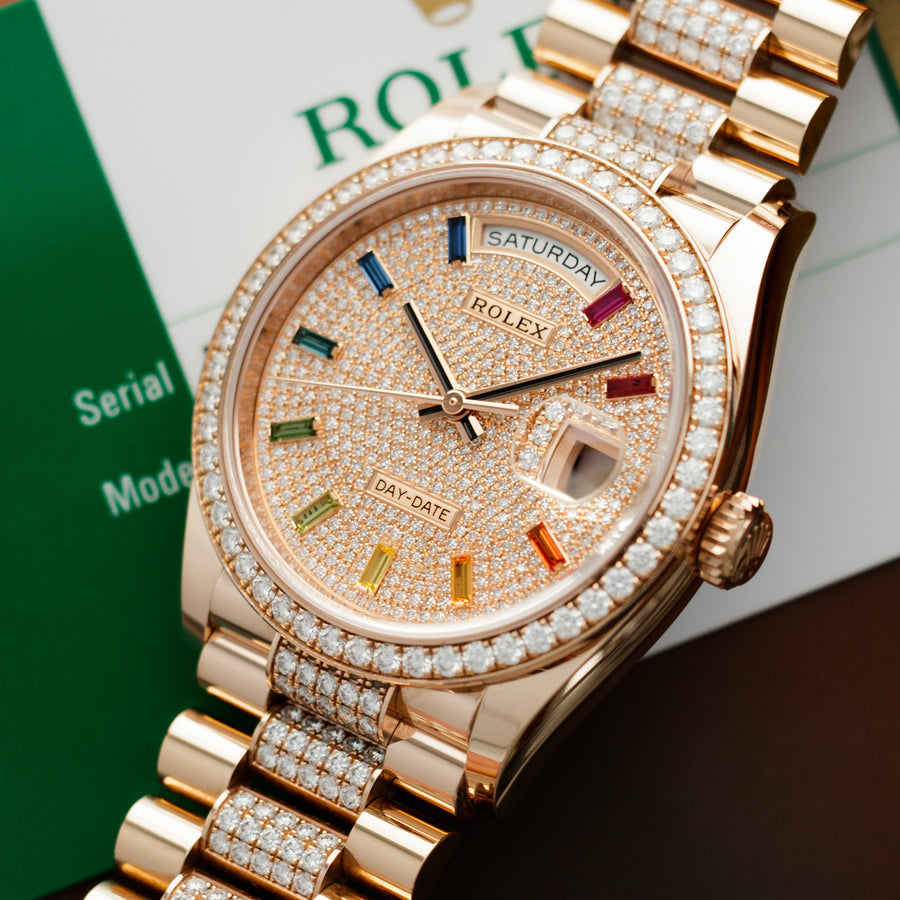 Rolex Rose Gold Day-Date Rainbow Diamond Watch Ref. 128345