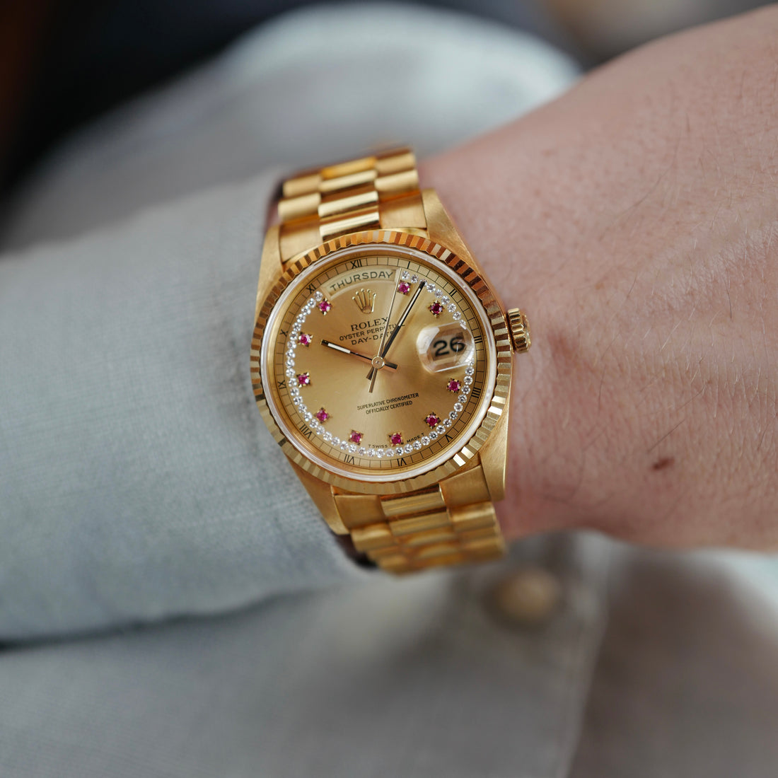Rolex Yellow Gold Day Date Ruby Diamond String Dial Ref. 18238 (NEW ARRIVAL)