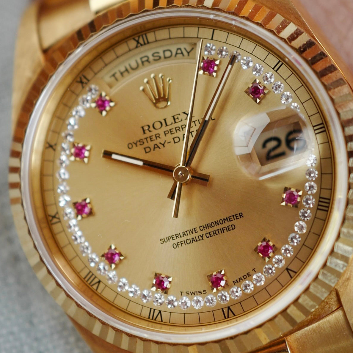 Rolex - Rolex Yellow Gold Day Date Ruby Diamond String Dial Ref. 18238 (NEW ARRIVAL) - The Keystone Watches