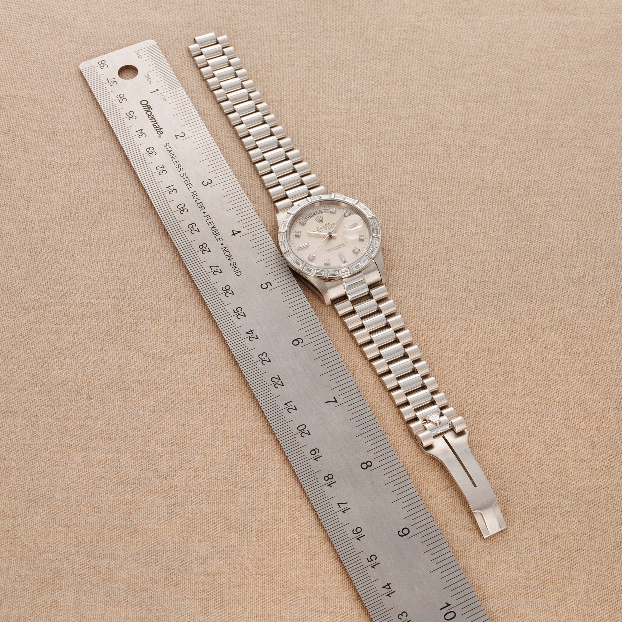 Rolex Platinum Day-Date Baguette Diamond Watch Ref. 18366 with Bucherer Warranty