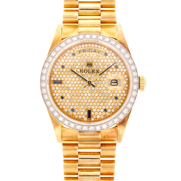 Rolex Yellow Gold Day-Date Watch Ref. 18048 with Pave Diamond and Sapphire Dial