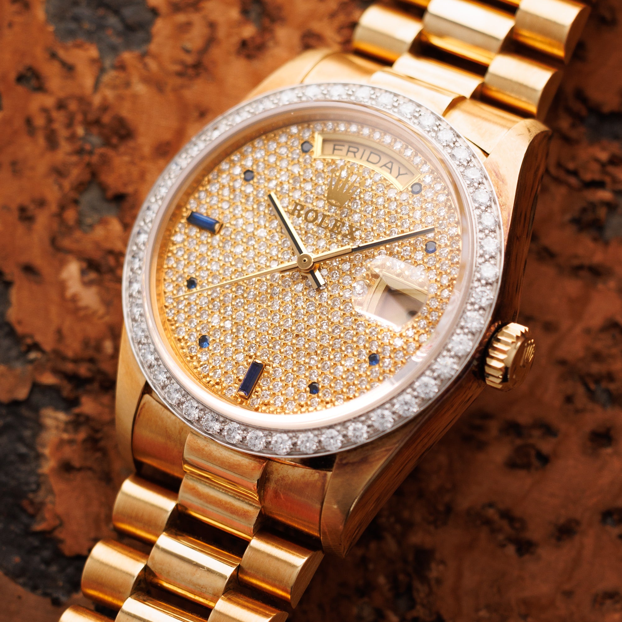 Rolex - Rolex Yellow Gold Day-Date Watch Ref. 18048 with Pave Diamond and Sapphire Dial - The Keystone Watches