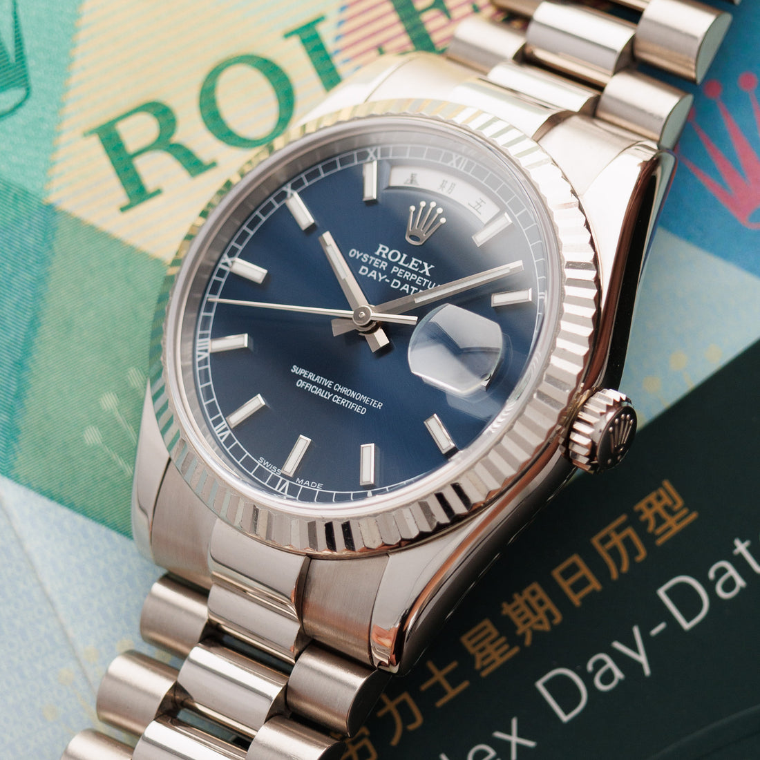 Rolex White Gold Day Date Ref. 118239 with Blue Dial and Chinese Date