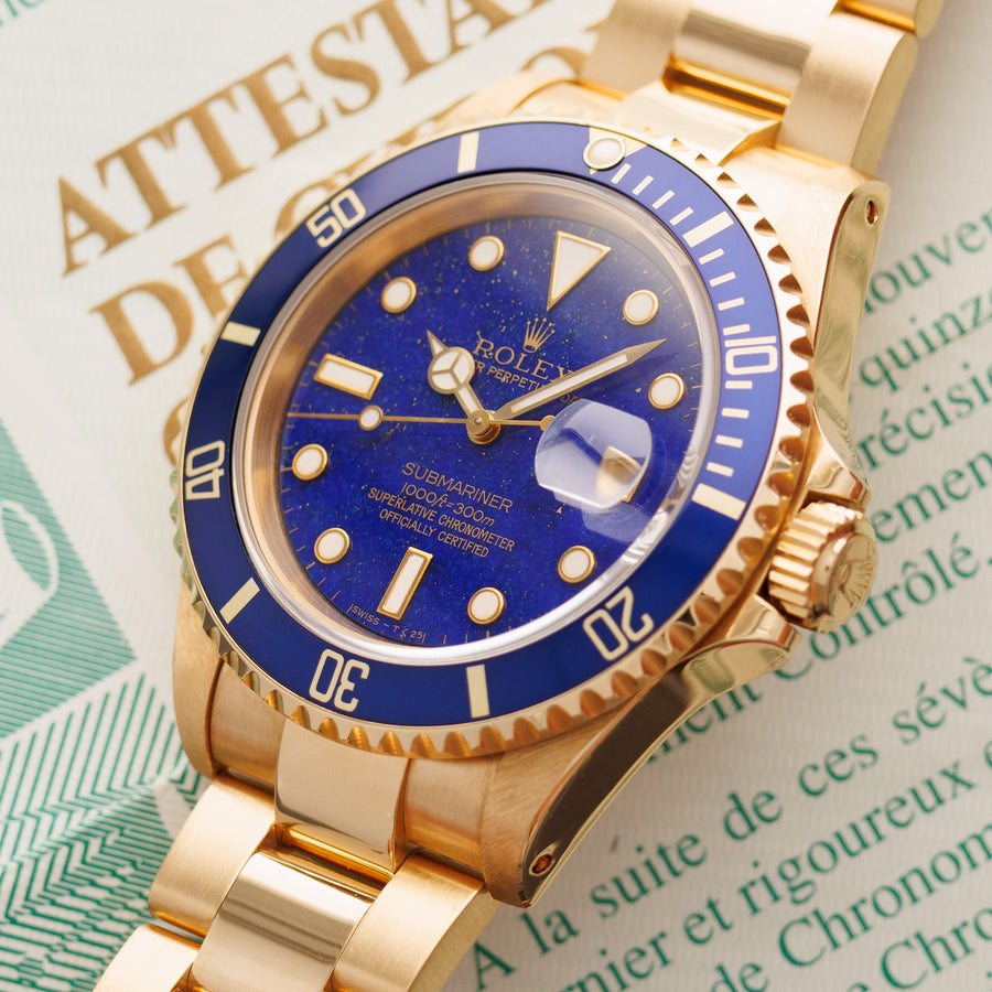 Rolex Yellow Gold Submariner Watch Ref. 16618 with Lapis Lazuli Dial
