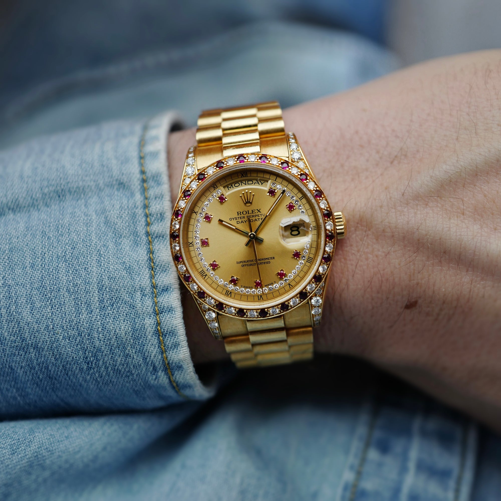 Rolex Yellow Gold Day-Date Ref. 18388 with Ruby &amp; Diamond Bezel (NEW ARRIVAL)