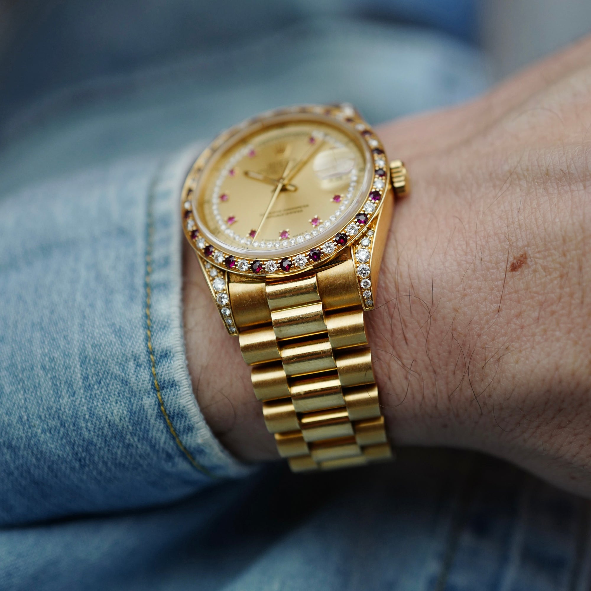 Rolex - Rolex Yellow Gold Day-Date Ref. 18388 with Ruby &amp; Diamond Bezel (NEW ARRIVAL) - The Keystone Watches