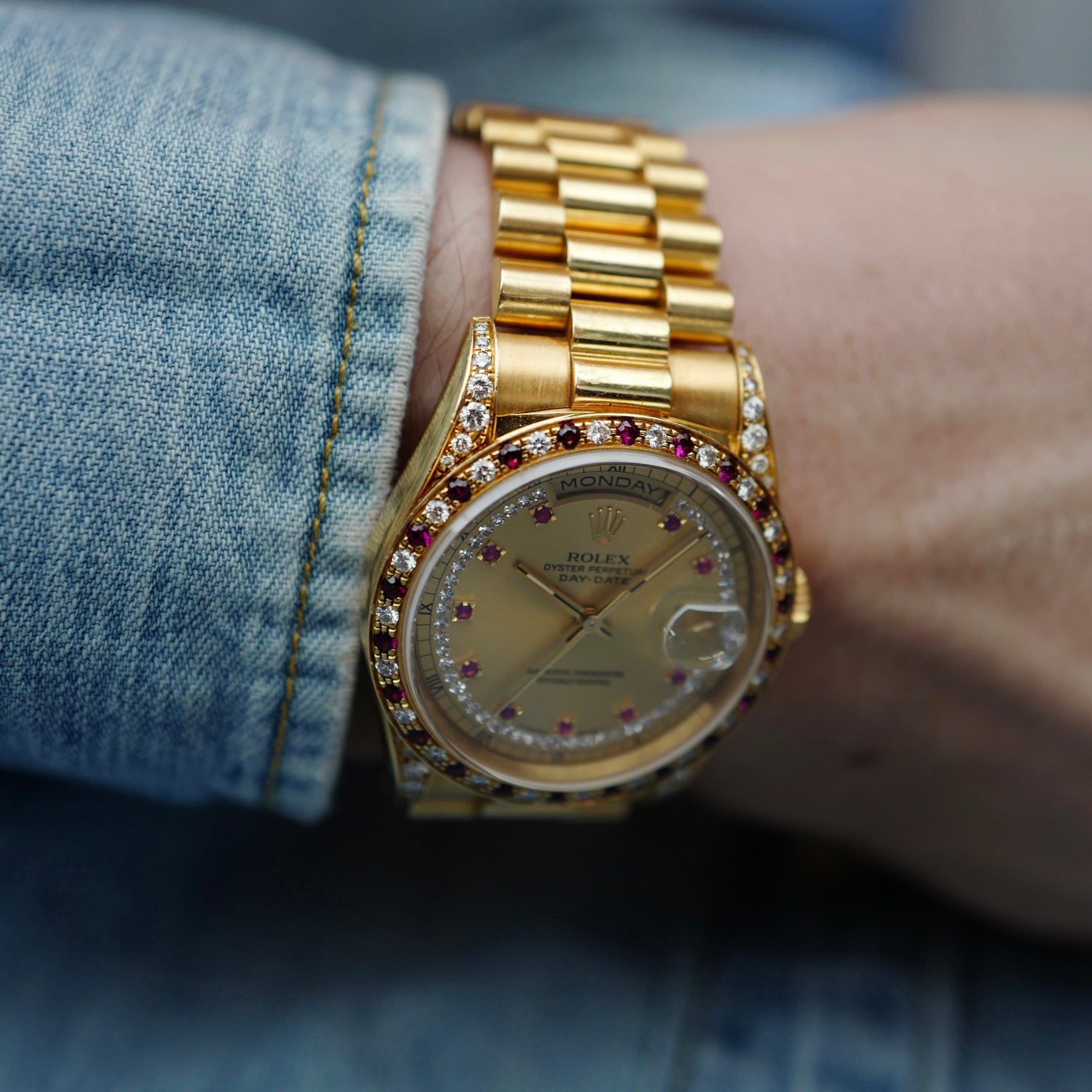 Rolex Yellow Gold Day-Date Ref. 18388 with Ruby &amp; Diamond Bezel (NEW ARRIVAL)