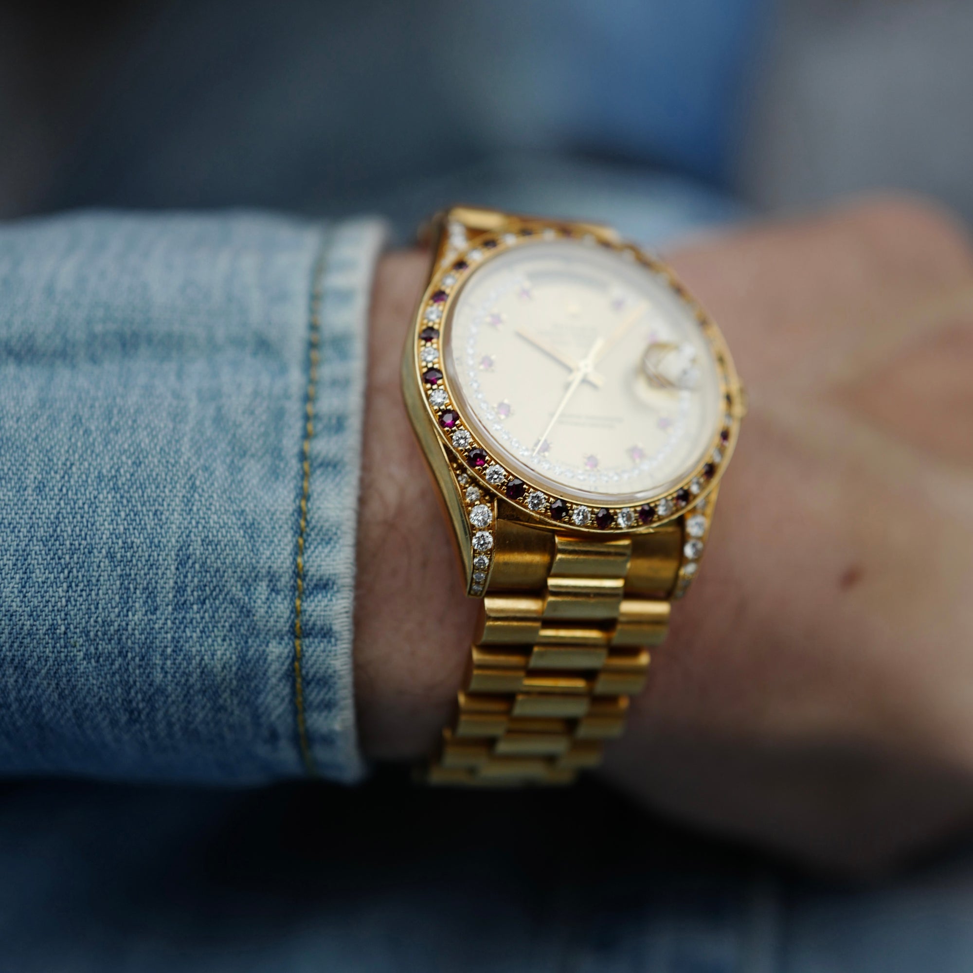 Rolex - Rolex Yellow Gold Day-Date Ref. 18388 with Ruby &amp; Diamond Bezel (NEW ARRIVAL) - The Keystone Watches