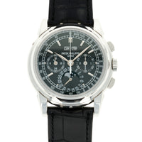Patek Philippe Perpetual Calendar Chrono 5970P-001 Platinum  Likely Never Polished with Light Wear and Clear Deep Hallmarks Unisex Platinum Black 40 mm Manual 2009 Black Patek Philippe Strap with Original Buckle Original Box, Manuals, and Guarantee Certificate 