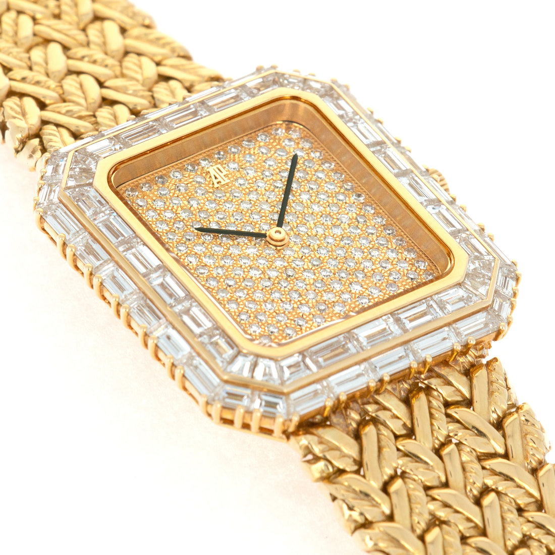 Audemars Piguet Vintage 14760BA 18k YG  Overall Mint Original Condition Unisex 18k YG Pave Diamond Dial 20 X 32mm Manual 1980s Yellow Gold Bracelet  (195mm) Leather Travel Case 