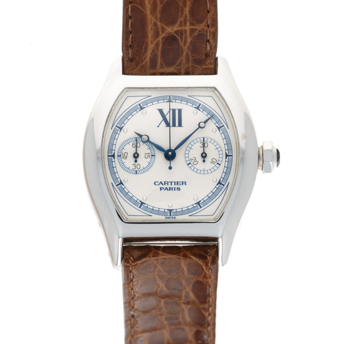 Cartier White Gold Tortue Monopoussoir Chronograph Watch Ref. 2396