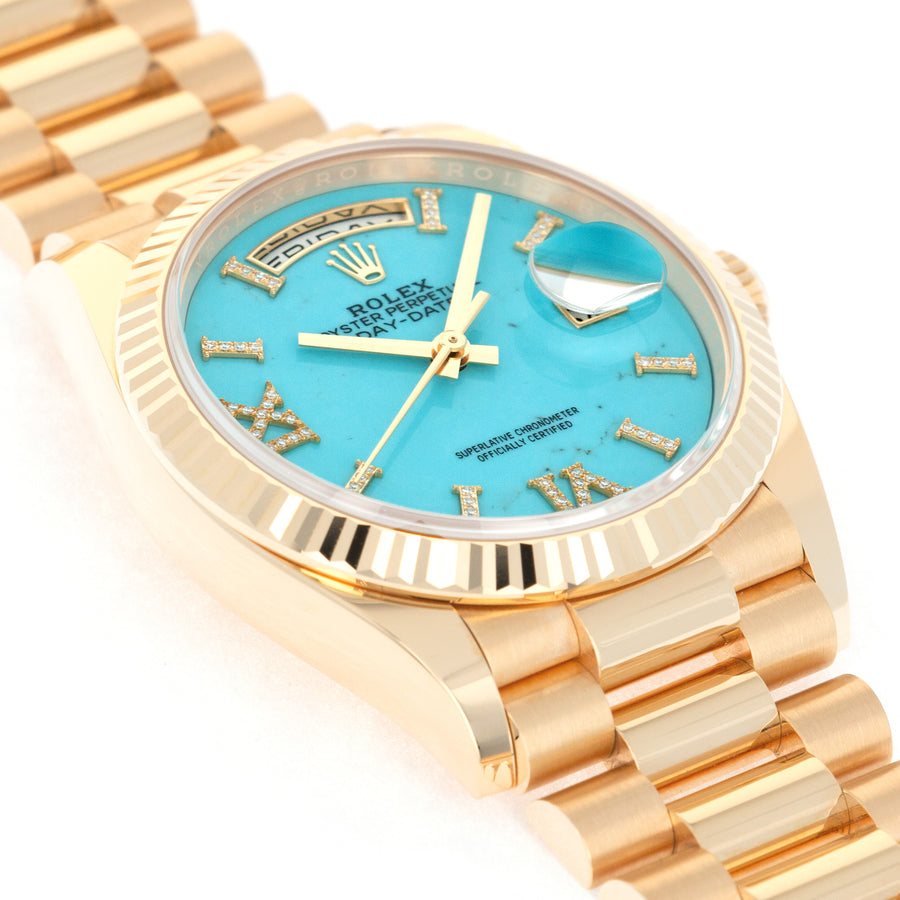 Rolex Yellow Gold Day-Date Turquoise Diamond Watch Ref. 128238
