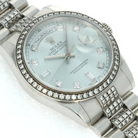 Rolex Day-Date 118346 Platinum  Excellent Condition with Very Minor Wear Unisex Platinum Light Blue with Diamond Markers 36 mm Automatic 2000 Platinum Handmade Travel Pouch 