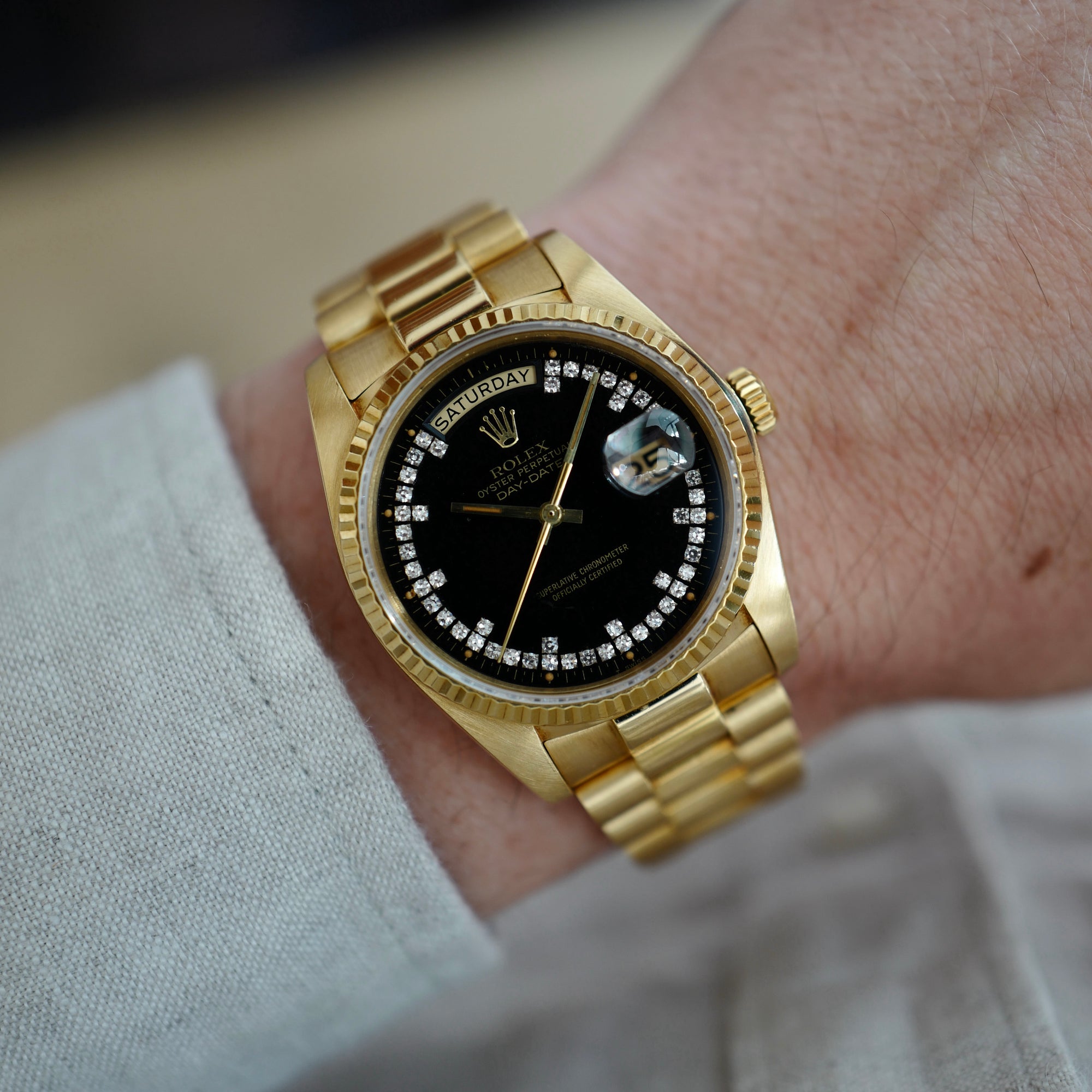 Rolex - Rolex Yellow Gold Day-Date Ref. 18038 with Black, Diamond String Dial - The Keystone Watches