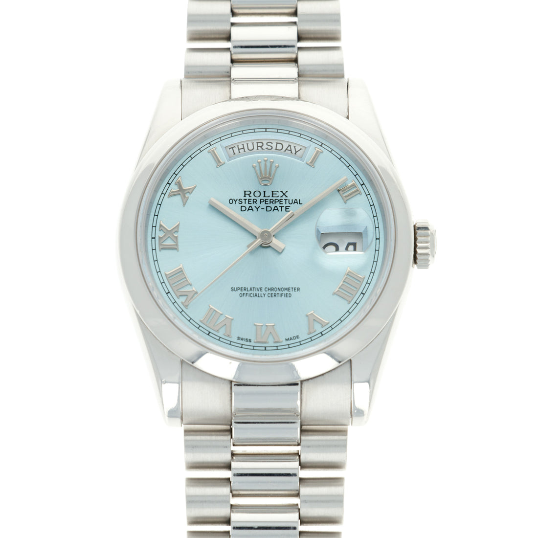 Rolex Day-Date 118206 Platinum  Excellent Overall Condition, No Notable Signs of Wear Unisex Platinum Blue 36 mm Automatic 2000 Platinum Handmade Travel Pouch 
