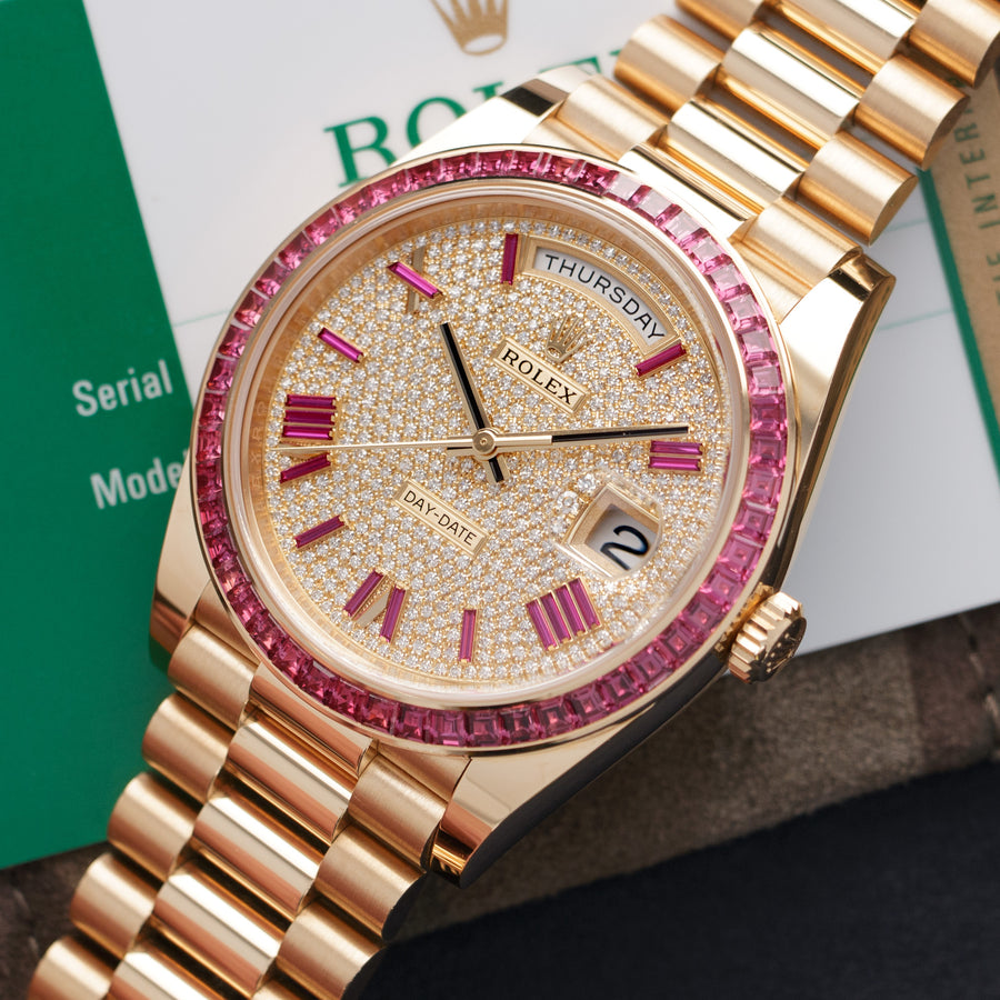 Rolex Yellow Gold Day-Date Diamond & Ruby Watch Ref. 228398