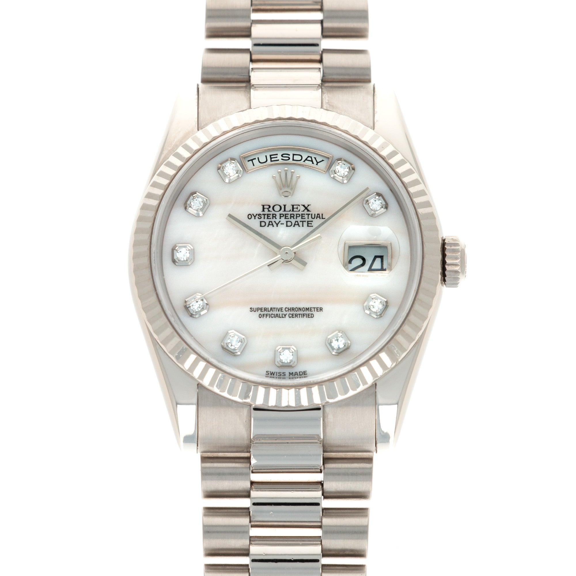 Rolex - Rolex White Gold Day-Date Ref. 118239 with Mother of Pearl and Diamond Dial - The Keystone Watches