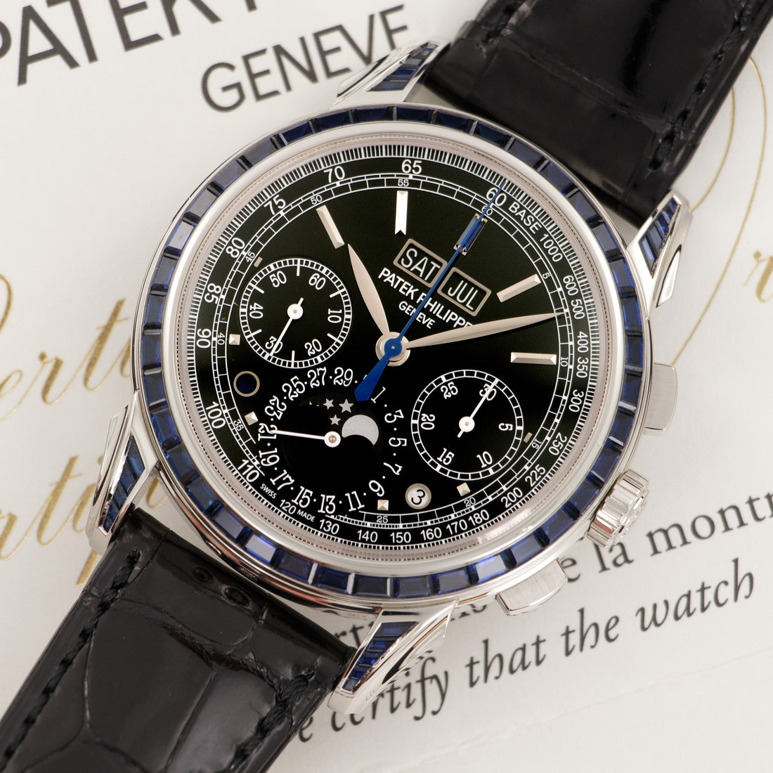 Patek Philippe Platinum Perpetual Calendar Chrono Sapphire Watch Ref. 5271