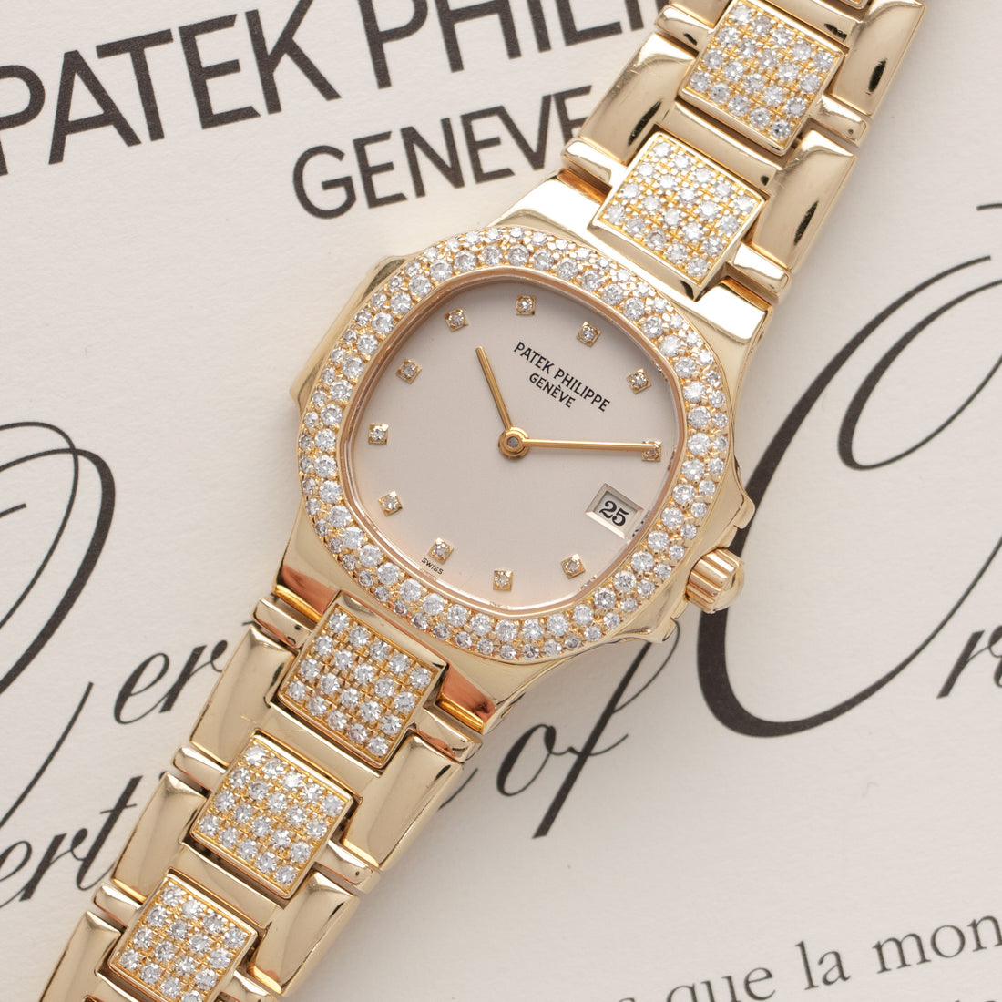 Patek Philippe Yellow Gold Nautilus Diamond Watch with Original Box and Papers