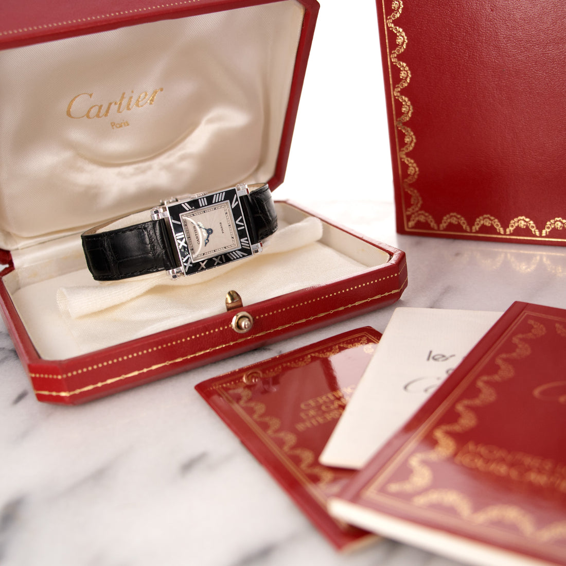 Cartier White Gold Rectangulaire a Pattes Vis Armurier Enamel Tank Watch