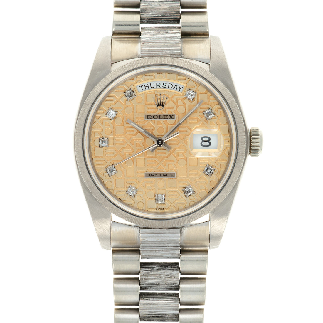 Rolex White Gold Day-Date Bark Watch Ref. 18079 with Salmon Jubilee Dial