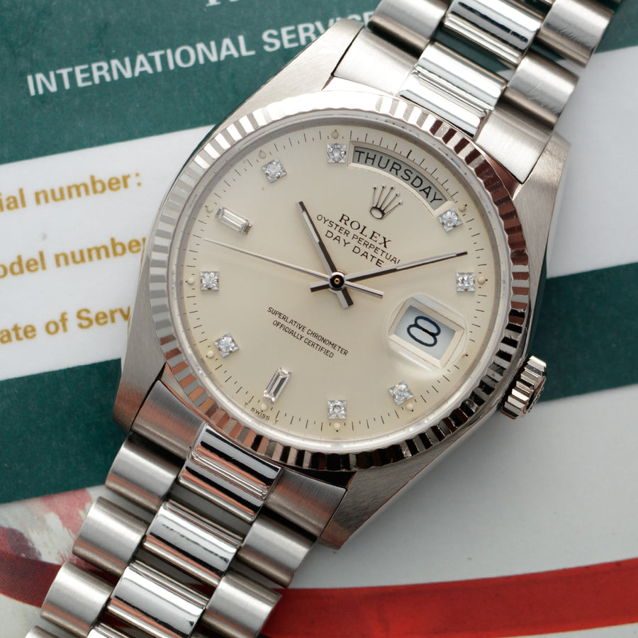 Rolex Day-Date 18039 18k WG  Excellent Condition with Very Minor Wear NO STYLE SPECIFIED 18k WG Silver with Diamond Markers 36 mm Automatic 1979 White Gold Service Paper 