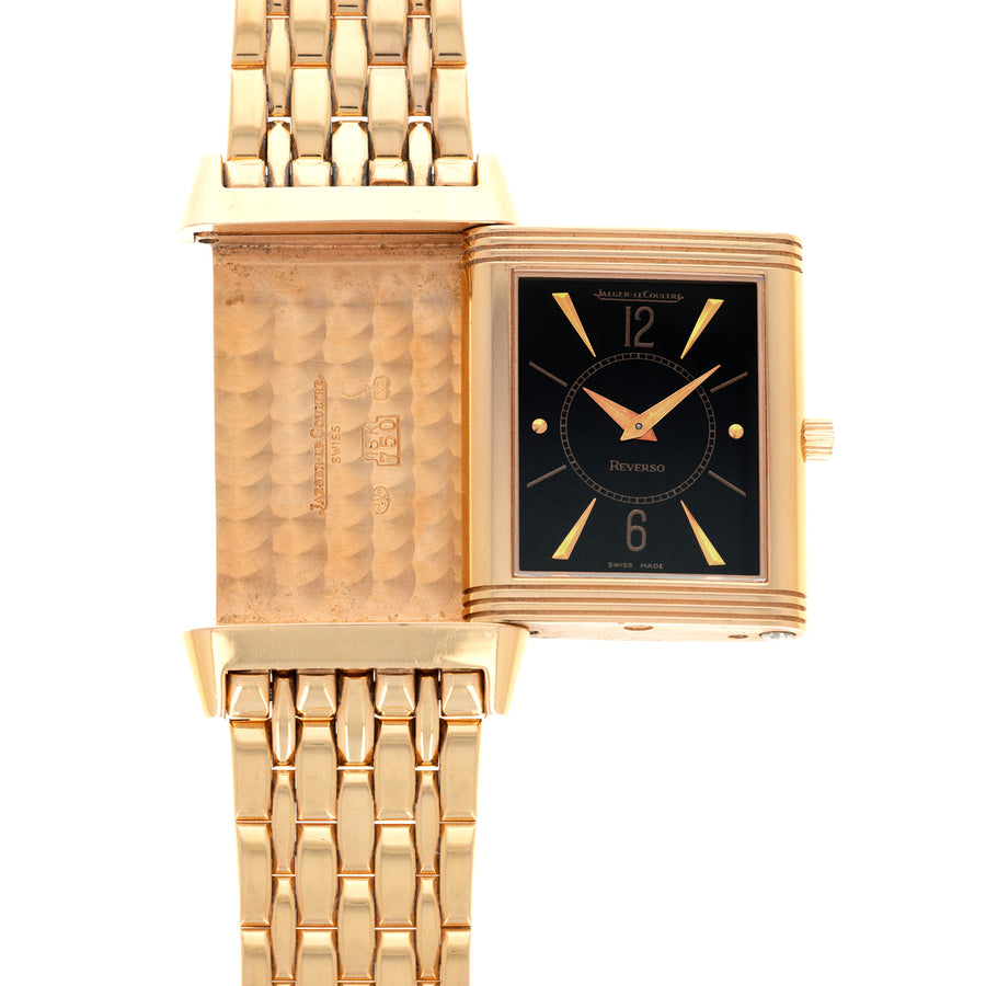 Jaeger LeCoultre Reverso 250.2.86 18k RG  Excellent, Original Condition with Very Minor Wear Unisex 18k RG Black 23mm Manual 1990s Rare Rose Gold Bracelet Handmade Leather Travel Pouch 